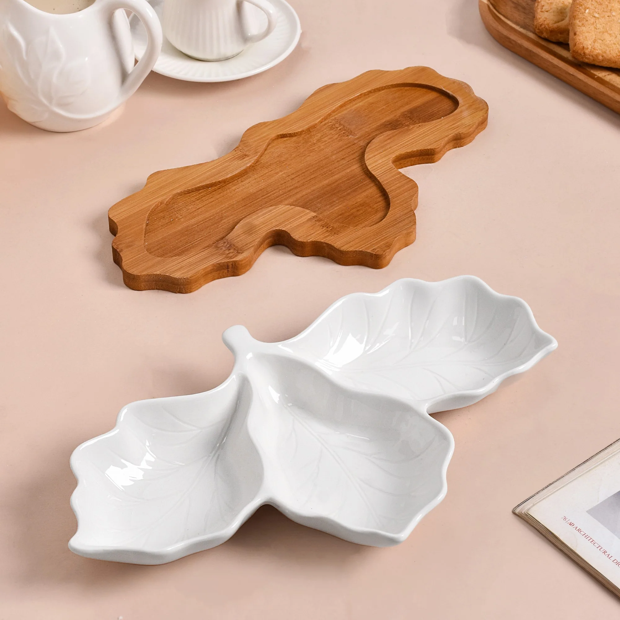 3 Section Leafy Ceramic Plate With Wooden Tray - Image 9