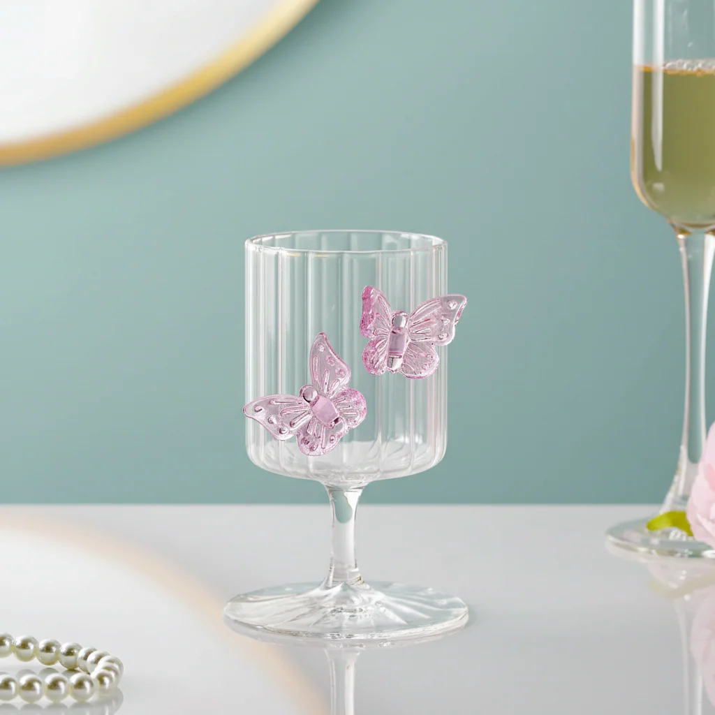 3D Pink Butterfly Ribbed Wine Glass 250ml