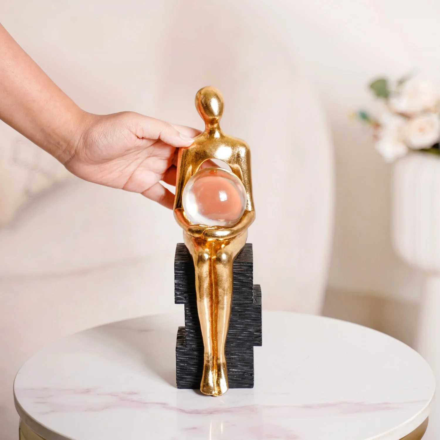 Abstract Gold Sitting Figurine With Crystal Ball - Image 2