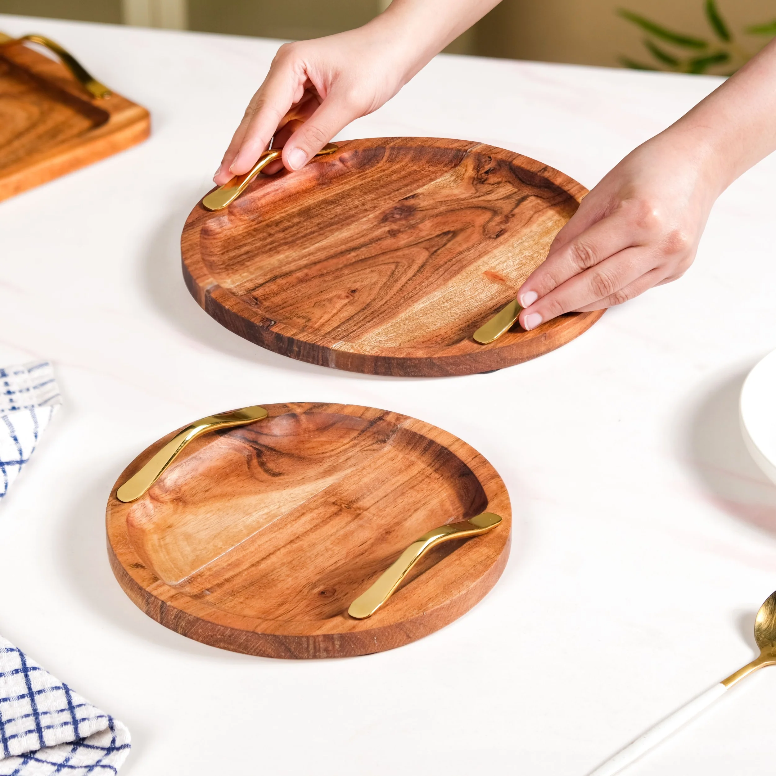 Acacia Round Serving Tray With Golden Handles Set Of 2 - Image 2