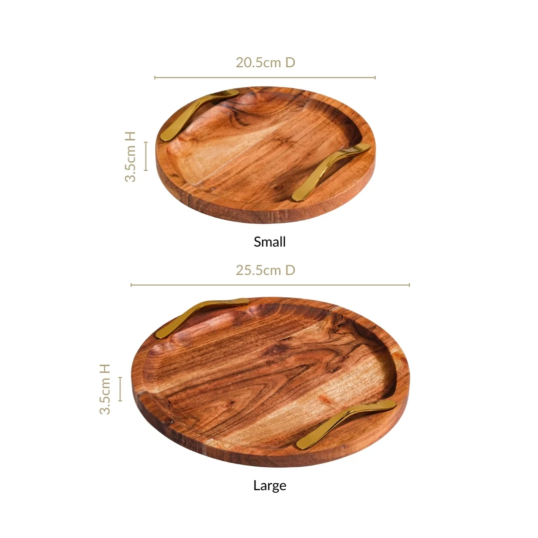 Acacia Round Serving Tray With Golden Handles Set Of 2 - Image 4