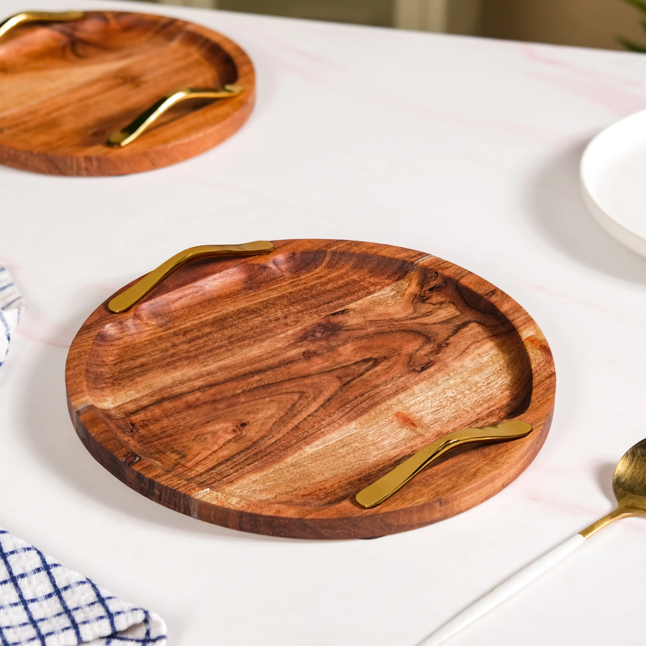 Acacia Round Serving Tray With Golden Handles Set Of 2 - Image 6