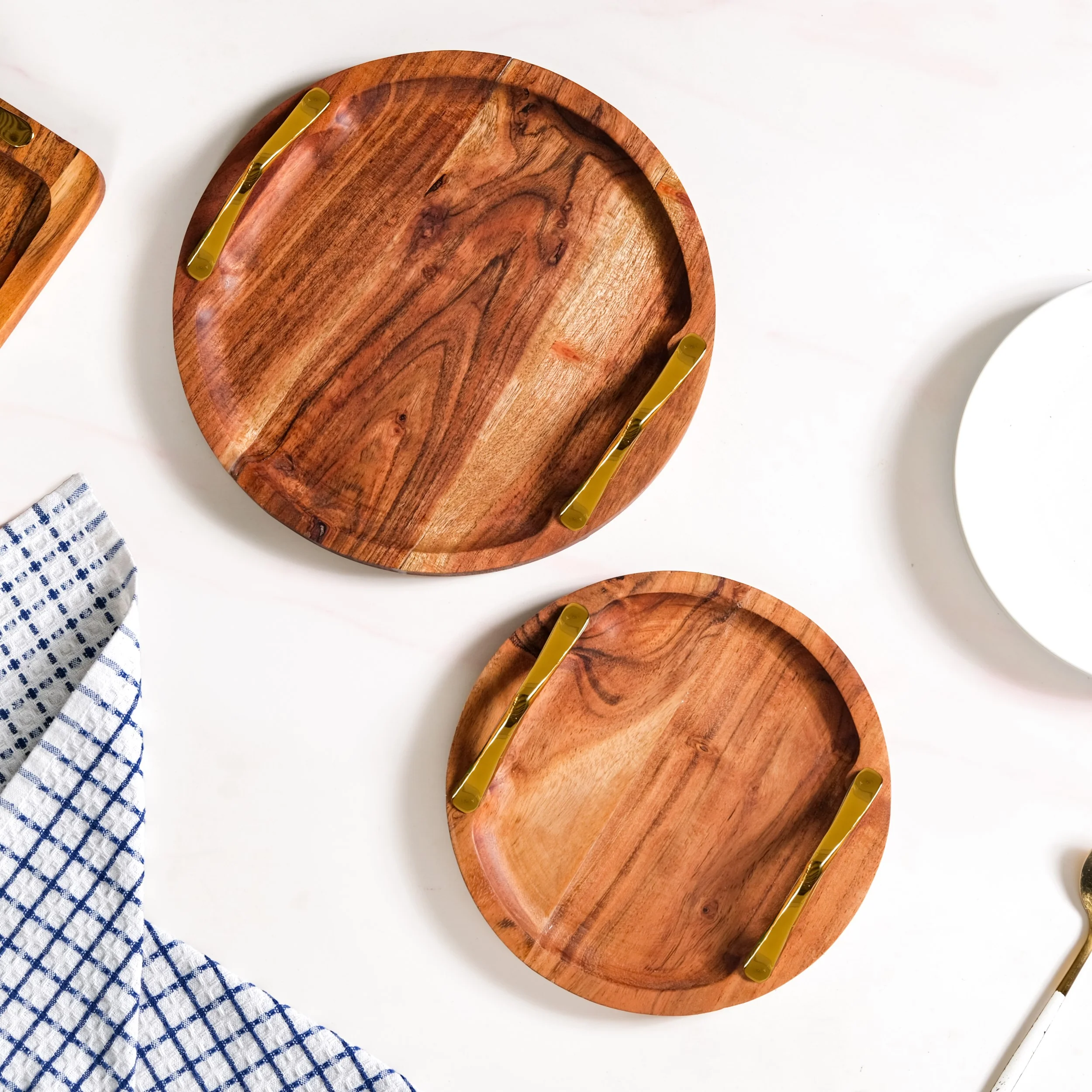 Acacia Round Serving Tray With Golden Handles Set Of 2 - Image 9