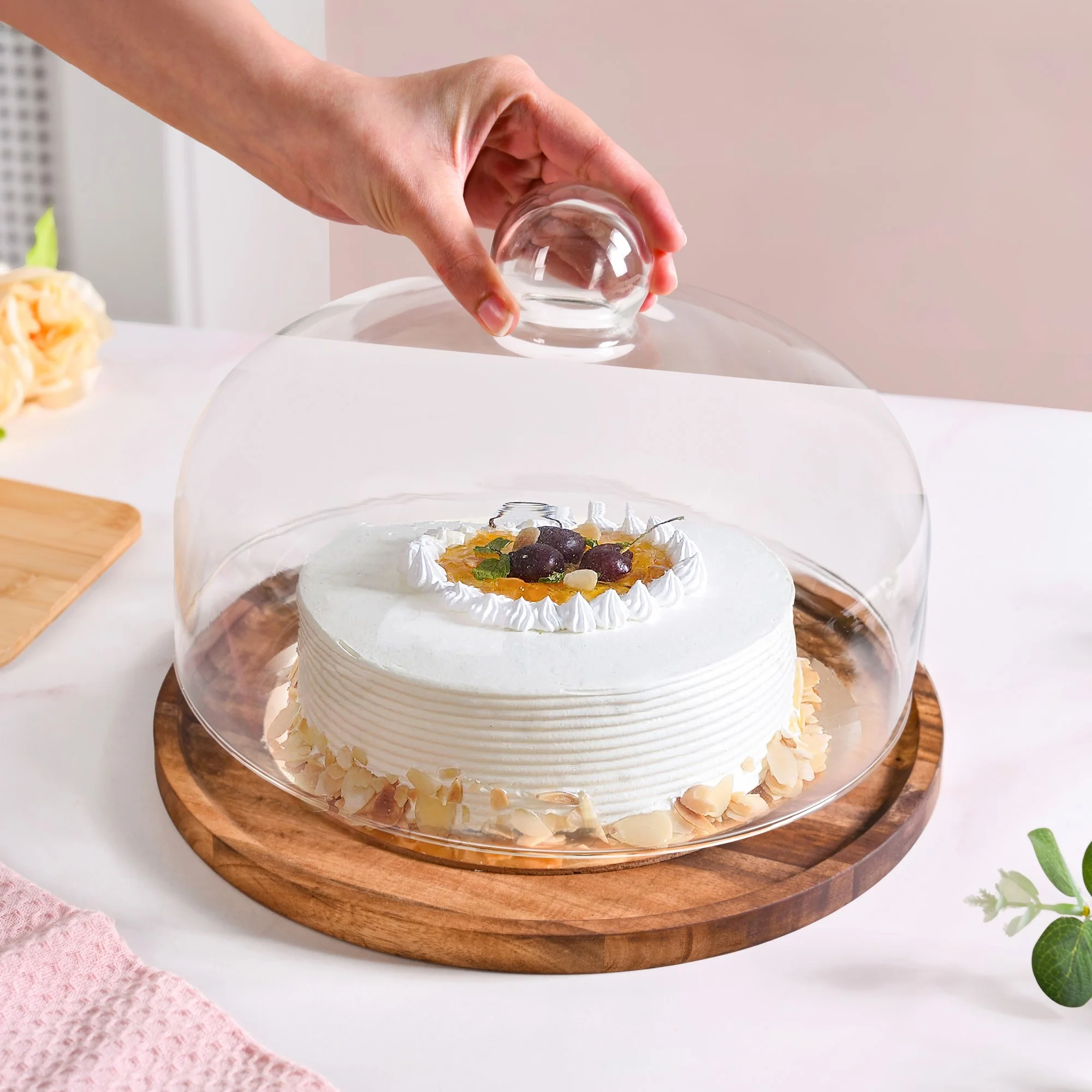 Acacia Wood Dessert Stand With Glass Cloche 26cm - Image 2