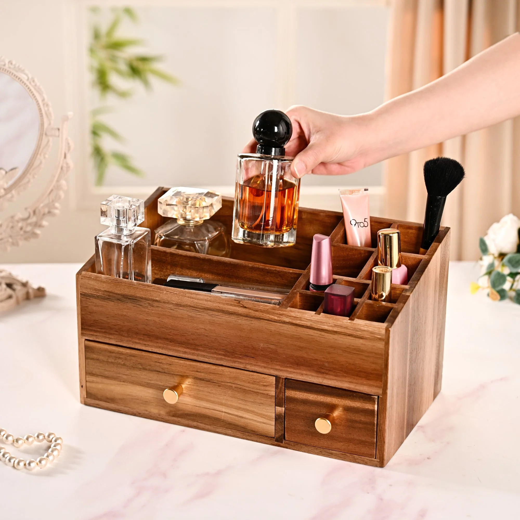 Acacia Wood Makeup Organiser Box For Dressing Table - Image 2