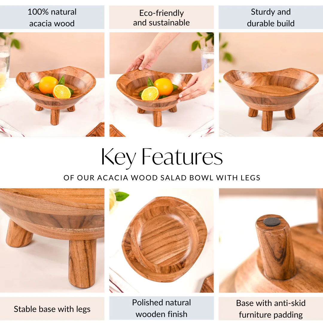 Acacia Wood Salad Bowl With Legs 1500ml - Image 5