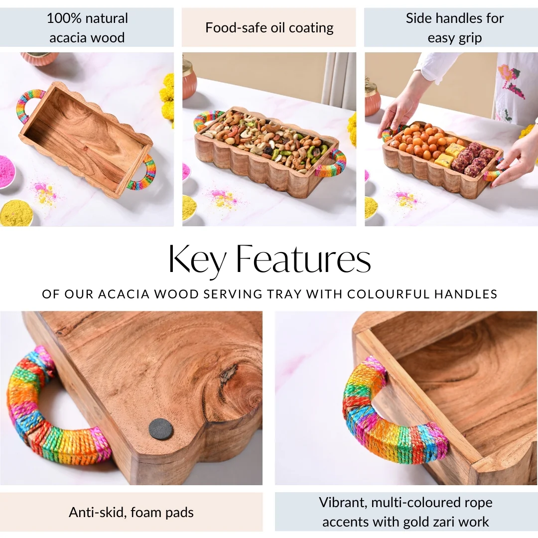 Acacia Wood Serving Tray With Colourful Handles And Gold Zari Work - Image 5