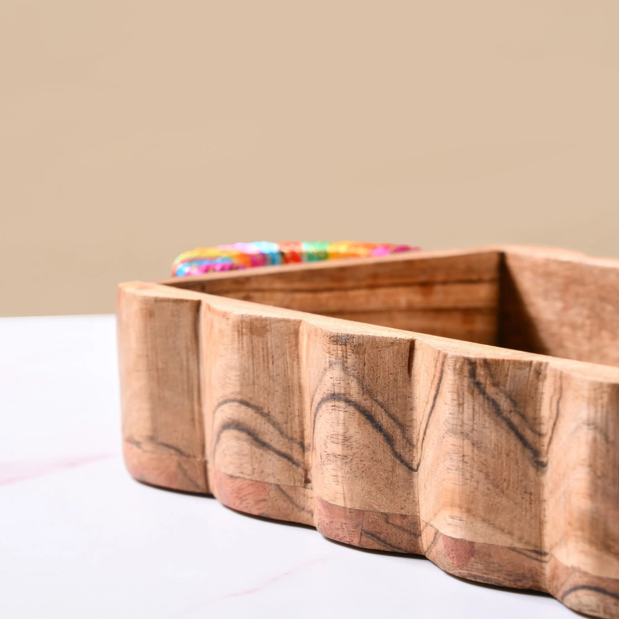 Acacia Wood Serving Tray With Colourful Handles And Gold Zari Work - Image 7
