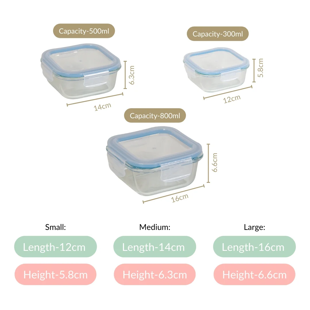 Airtight Glass Lunch Box Set Of 3 S 300ml M 500ml L 800ml - Image 5