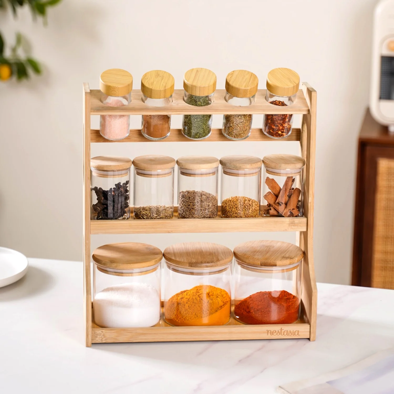 Airtight Spice Jars Set of 13 With Wooden Kitchen Organiser Rack - Image 3