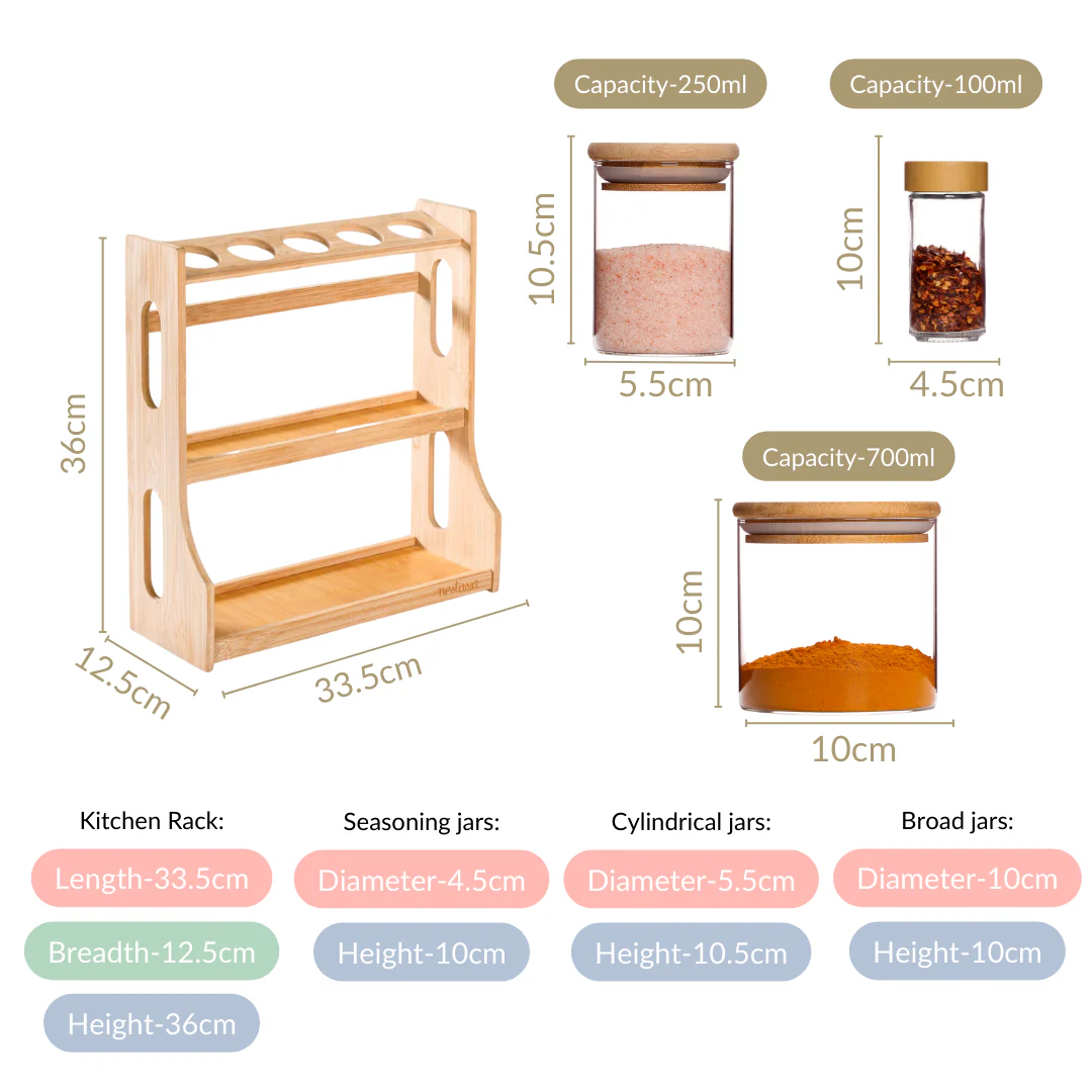 Airtight Spice Jars Set of 13 With Wooden Kitchen Organiser Rack - Image 4