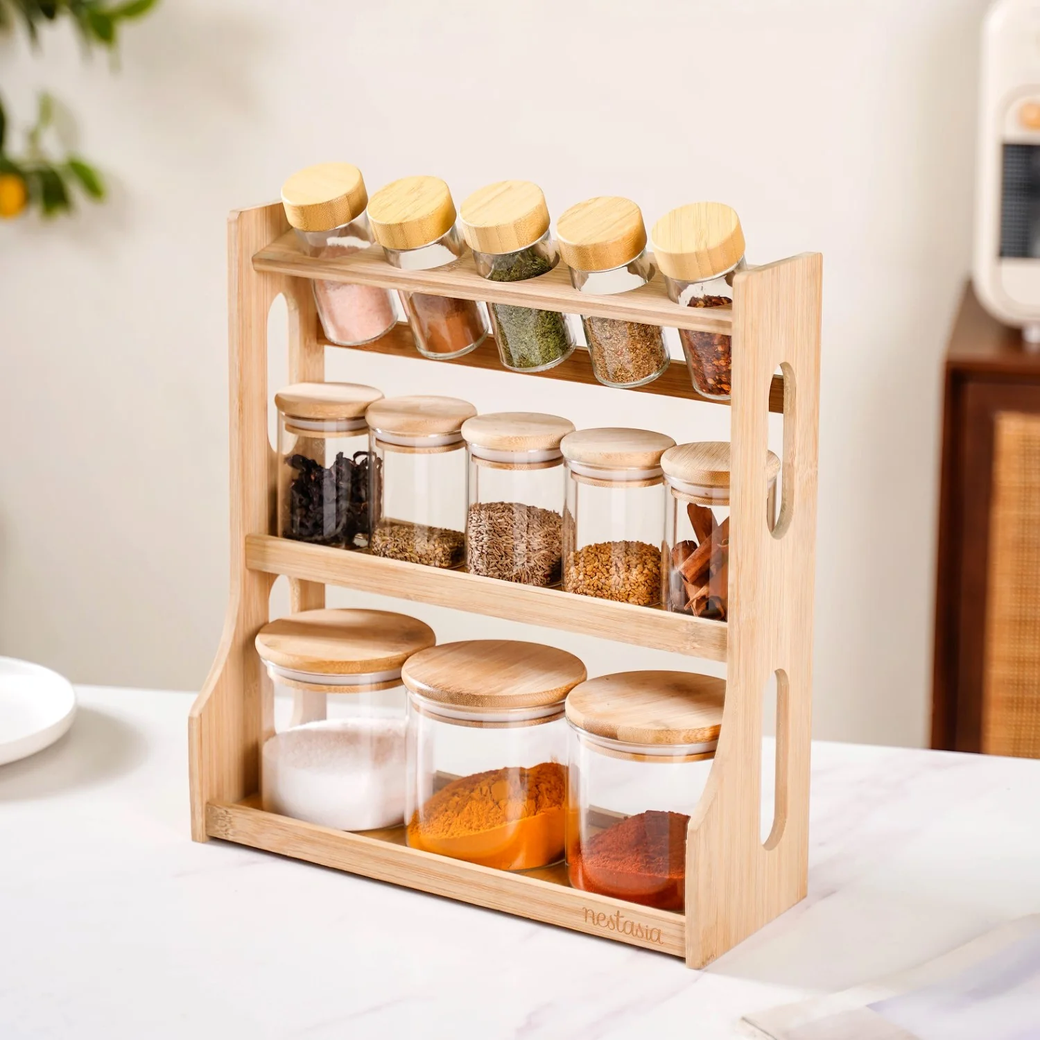 Airtight Spice Jars Set of 13 With Wooden Kitchen Organiser Rack - Image 7
