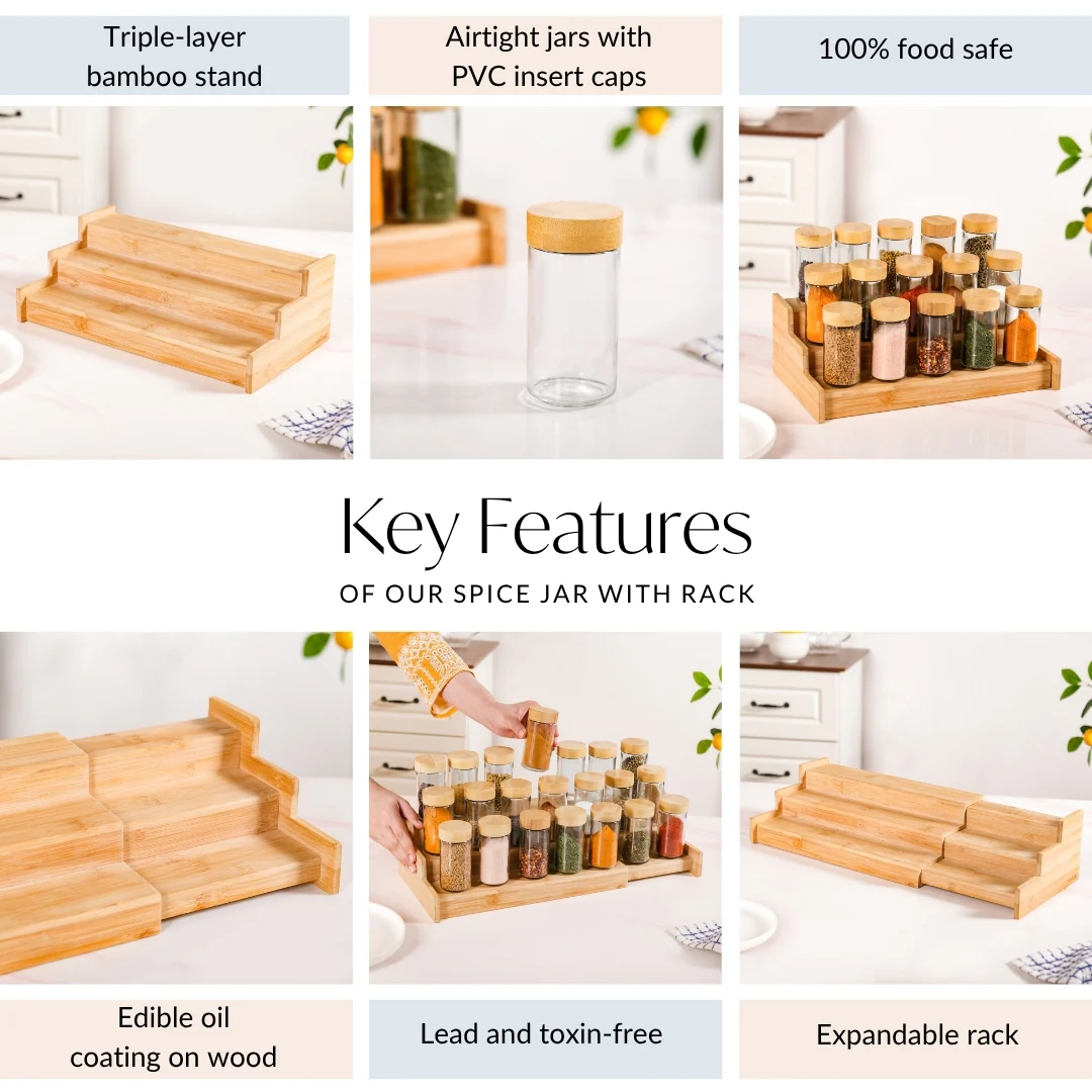 Airtight Spice Jars Set Of 21 With Expandable Wooden Kitchen Organiser Rack - Image 5