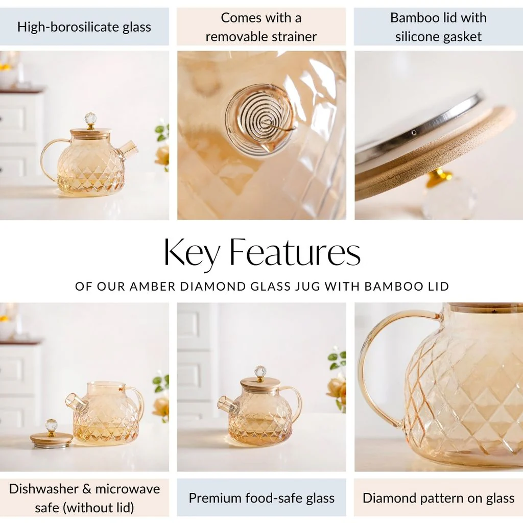 Amber Diamond Glass Jug with Bamboo Lid 1300ml - Image 5
