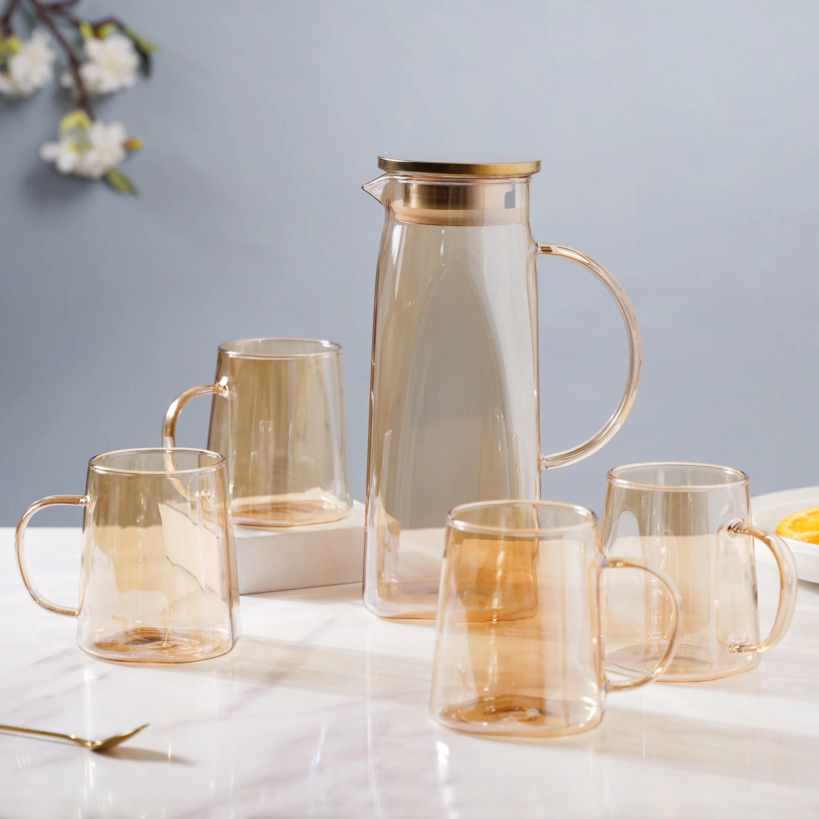 Amber Glass Jug and 4 Cups Set - Image 5