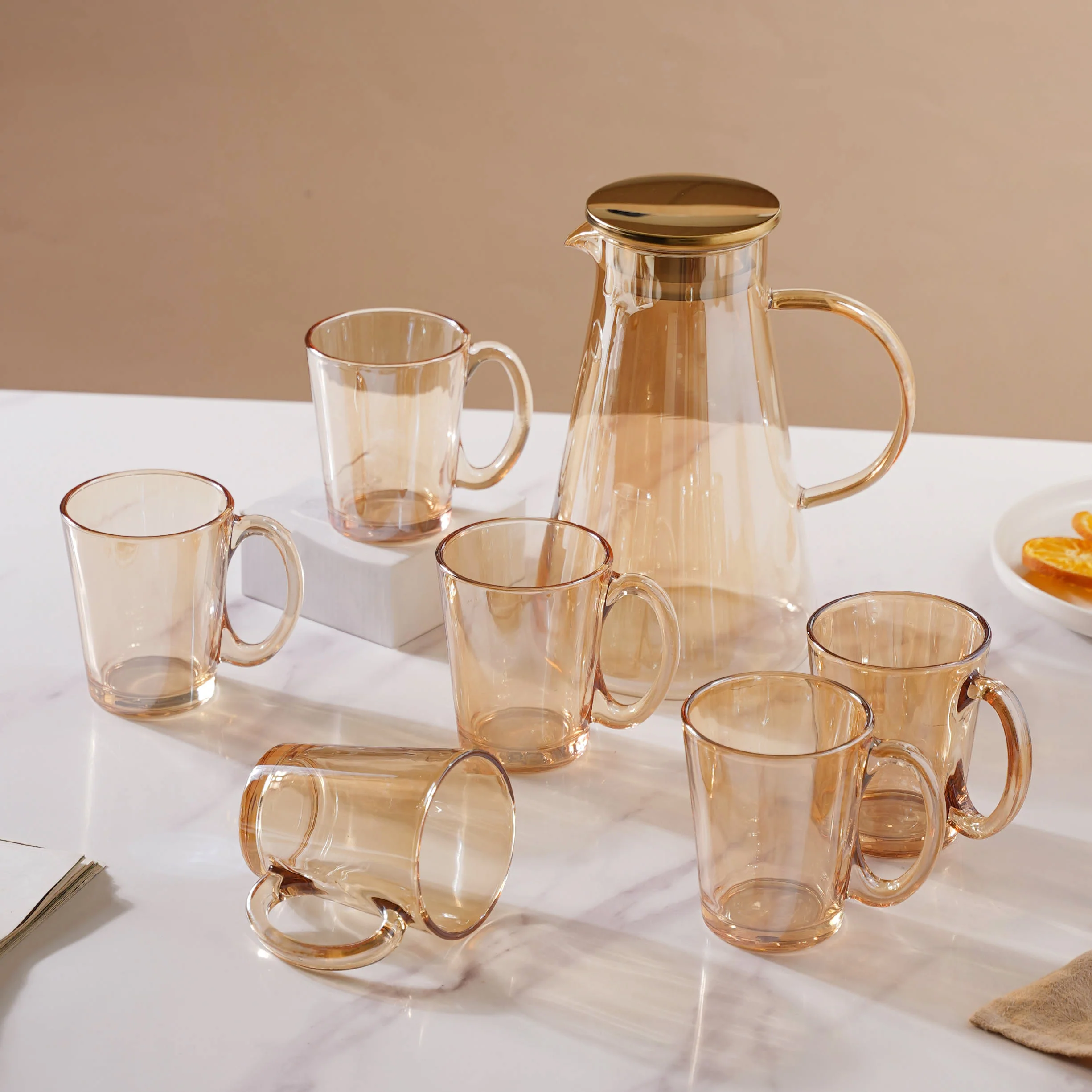 Amber Glass Jug and Cup Set of 7 - Image 13