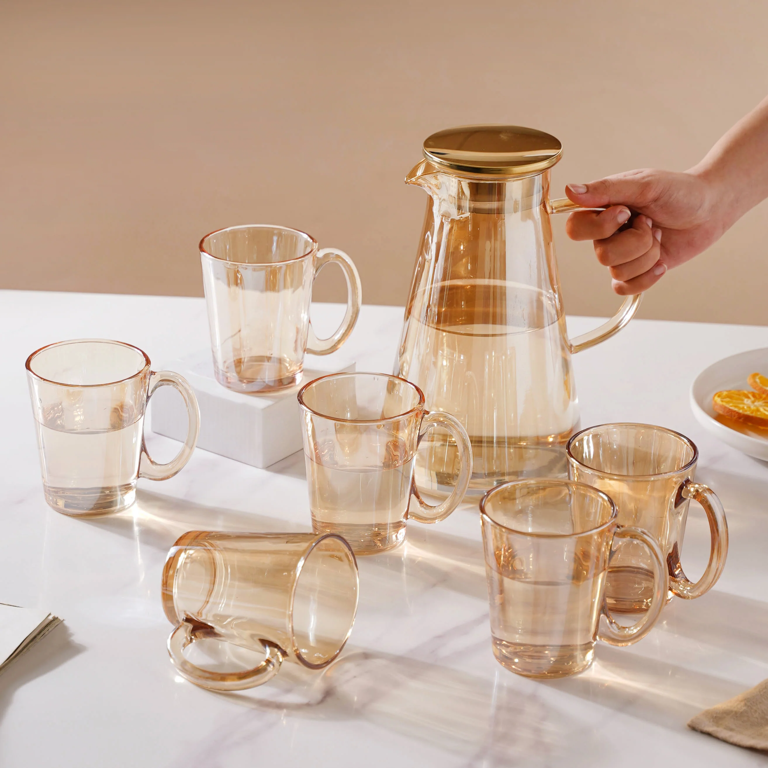 Amber Glass Jug and Cup Set of 7 - Image 2