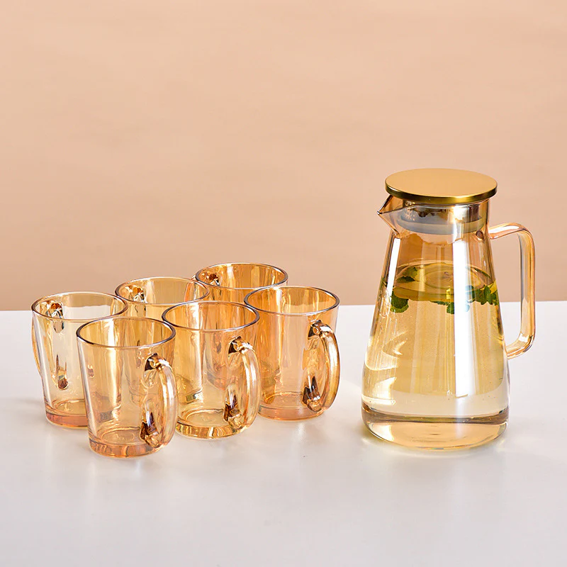Amber Glass Jug and Cup Set of 7 - Image 5