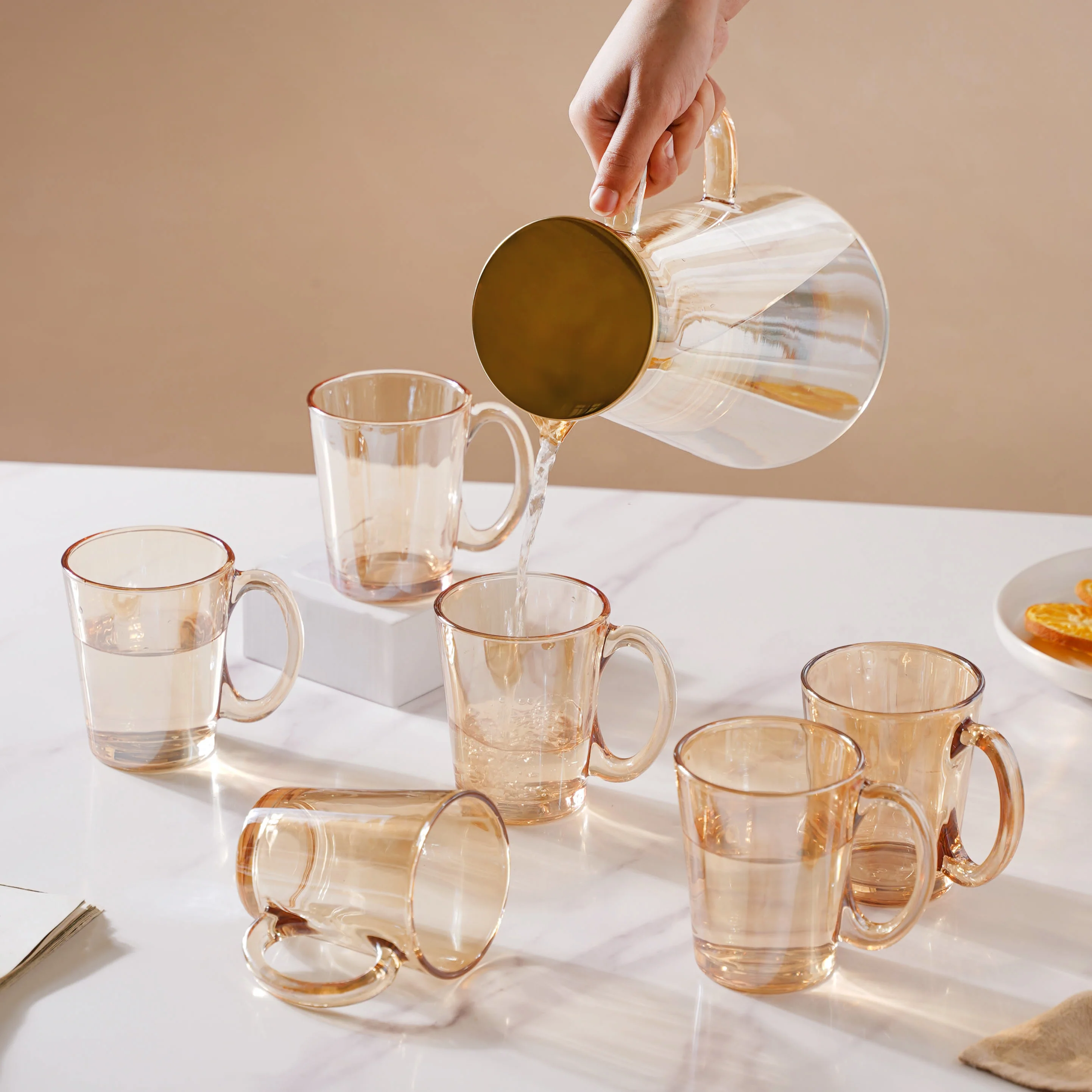 Amber Glass Jug and Cup Set of 7 - Image 6