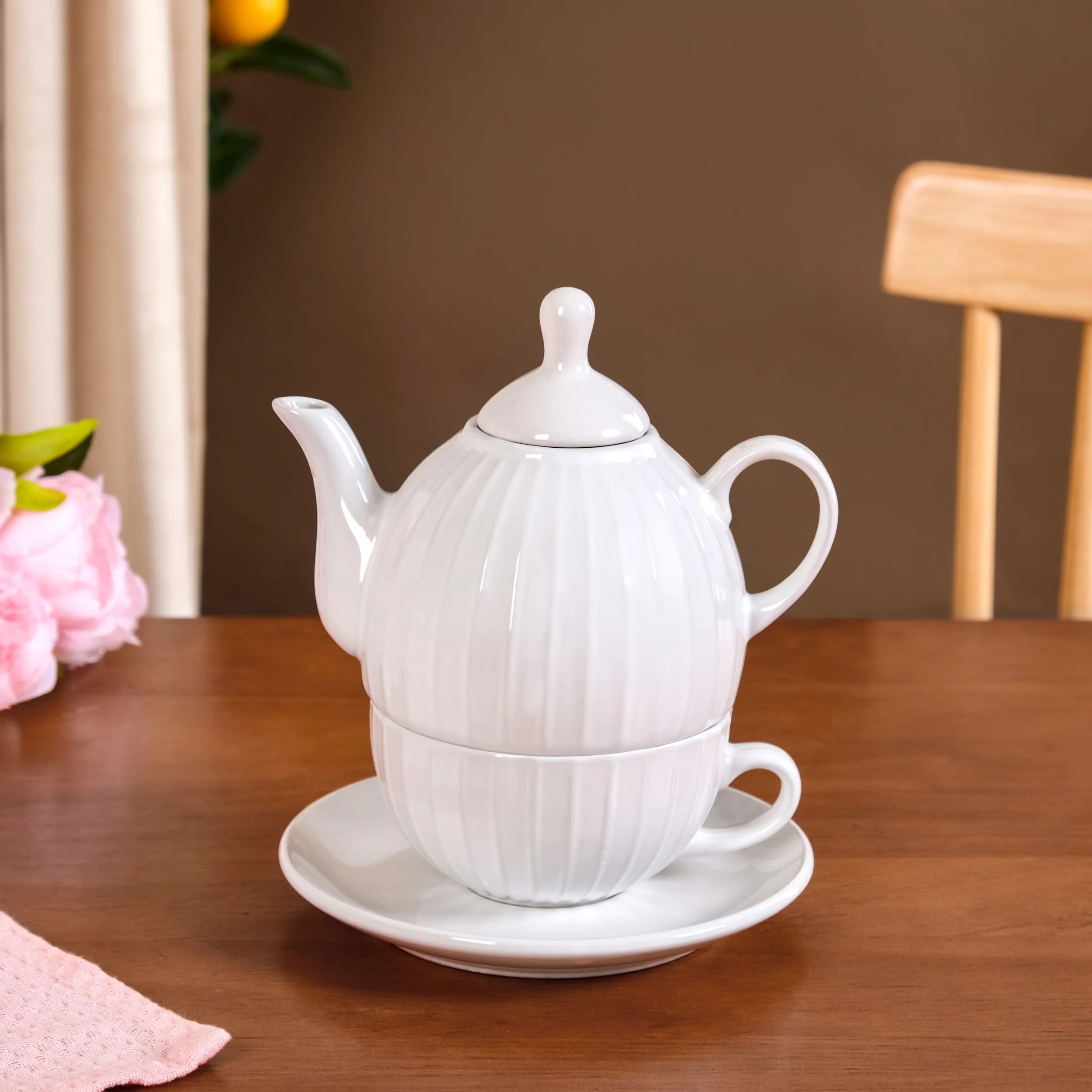 Ambrosia White Ceramic Teapot With Cup And Saucer - Image 3