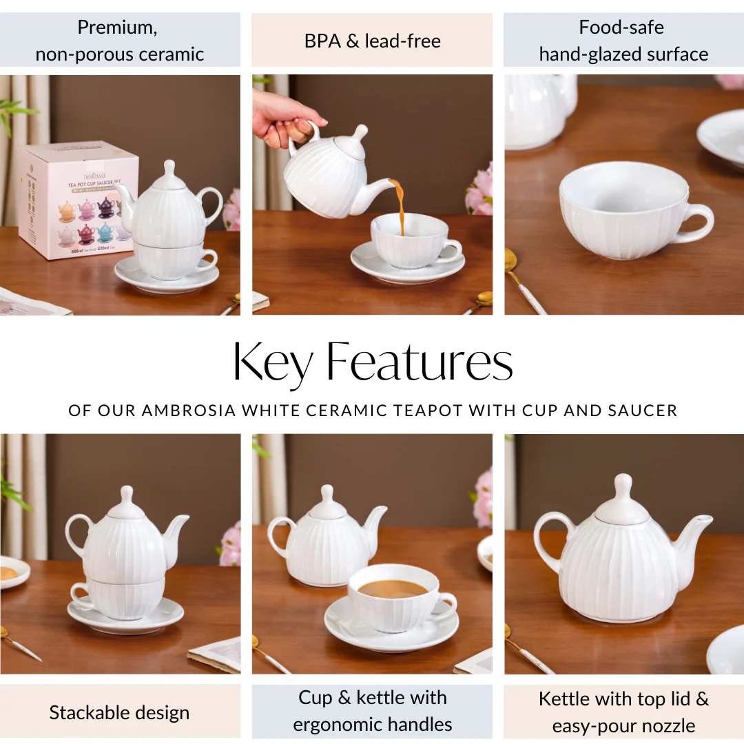 Ambrosia White Ceramic Teapot With Cup And Saucer - Image 6