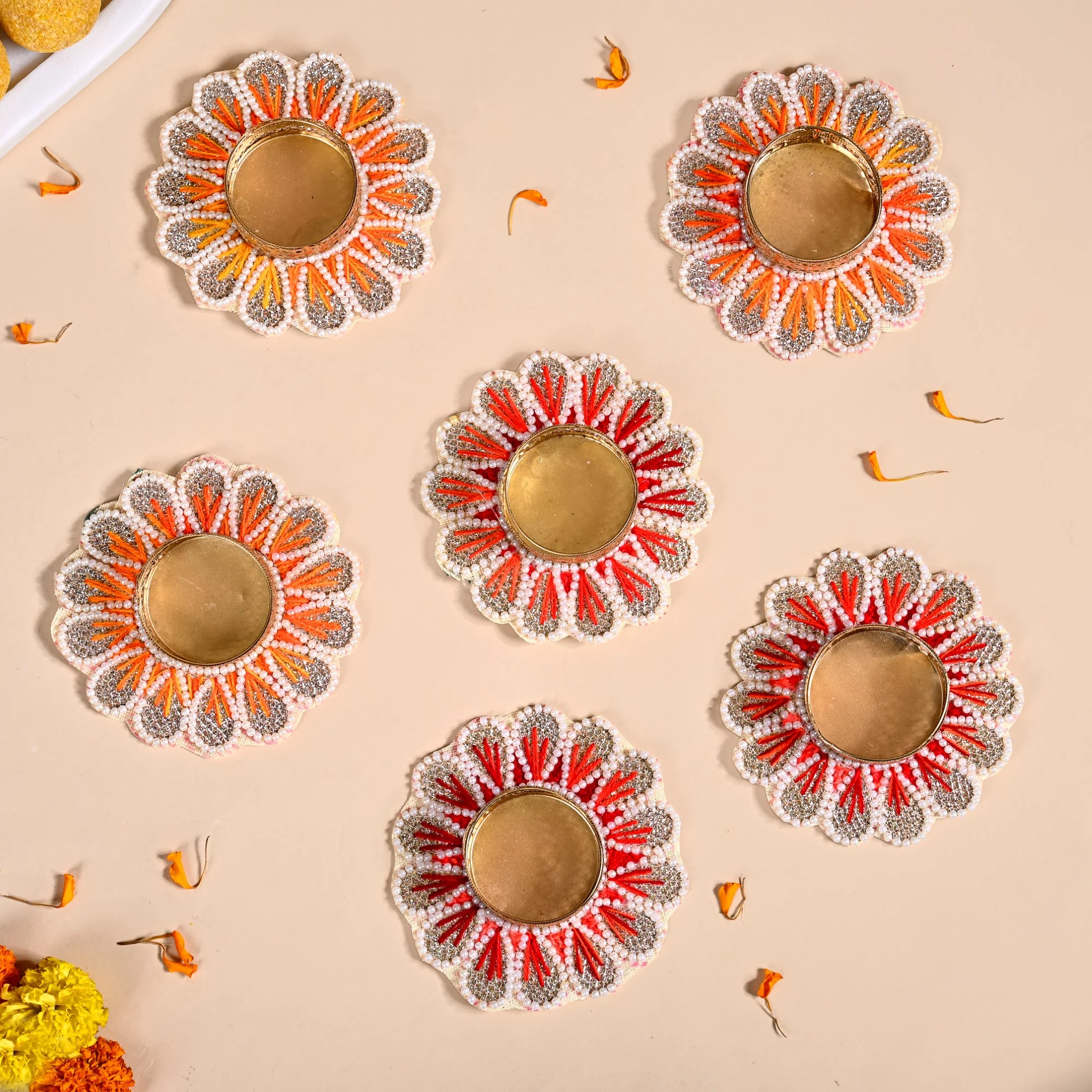 Applique Petal Tea Light Holders With Faux Pearls Set Of 6 - Image 3