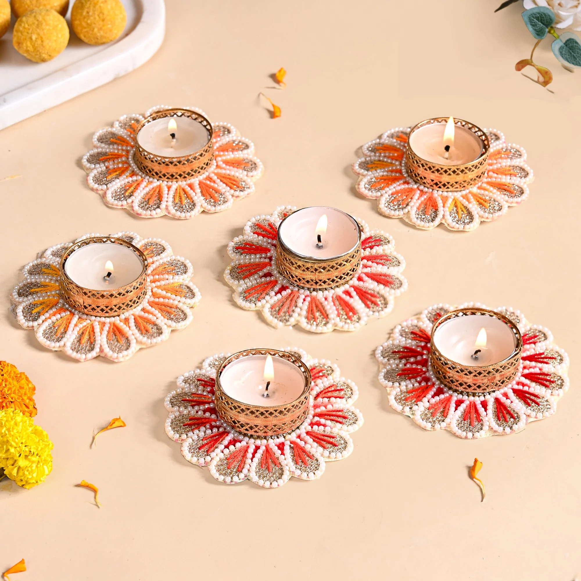 Applique Petal Tea Light Holders With Faux Pearls Set Of 6 - Image 6