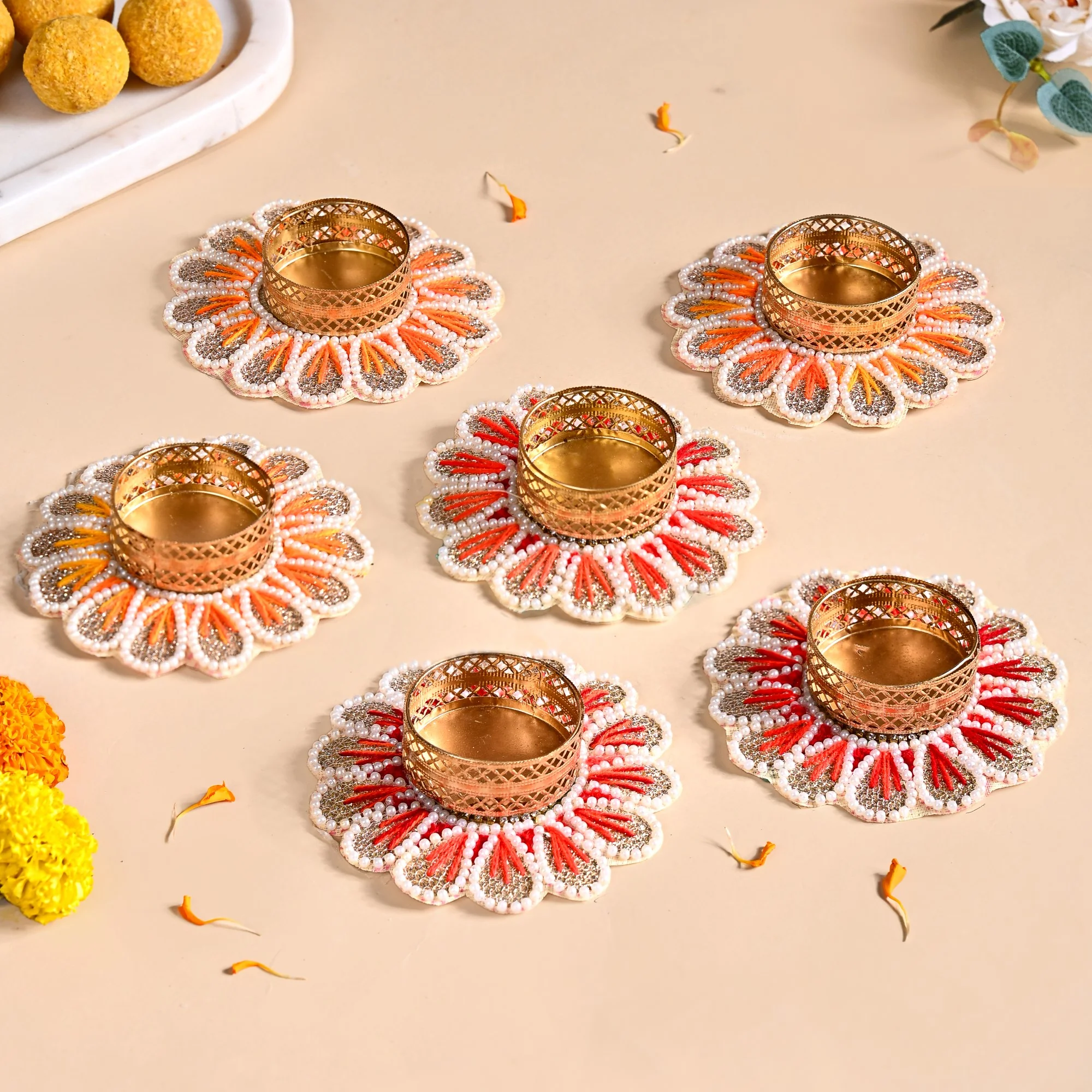 Applique Petal Tea Light Holders With Faux Pearls Set Of 6 - Image 9