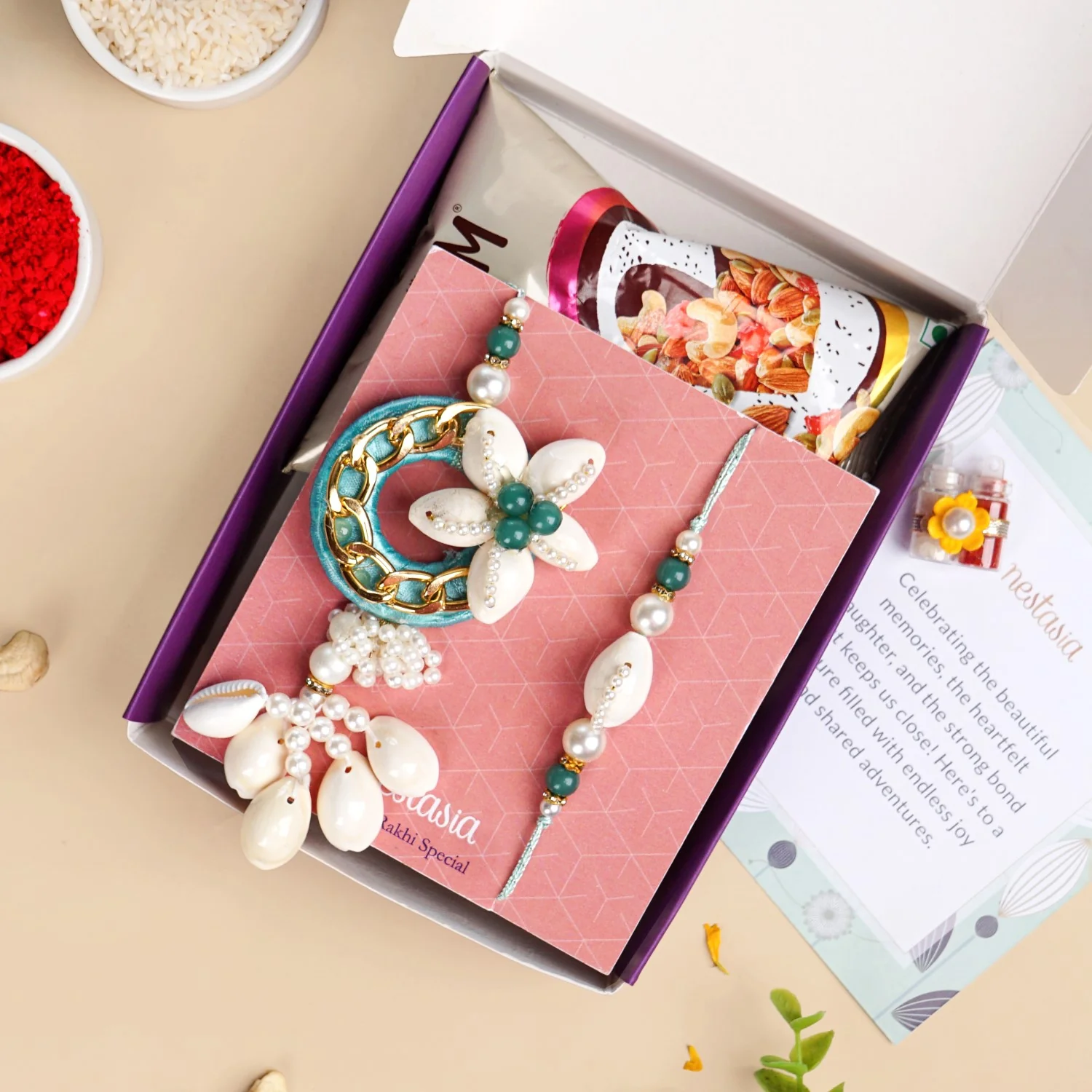 Aqua Shell Lumba Rakhi Set For Bhabhi And Brother - Image 7
