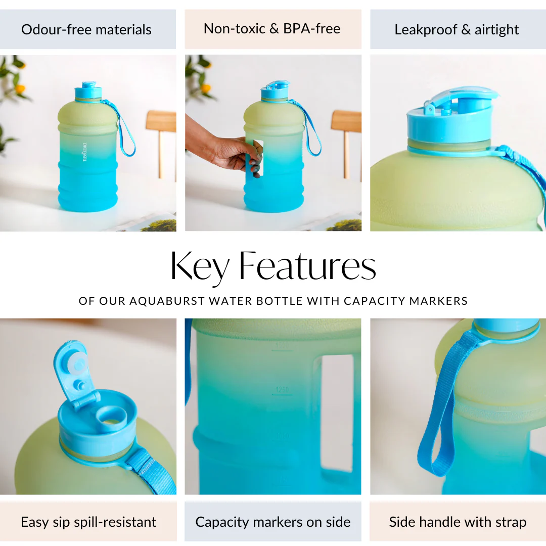 AquaBurst Water Bottle With Capacity Markers Ombre Green Blue 2200ml - Image 6