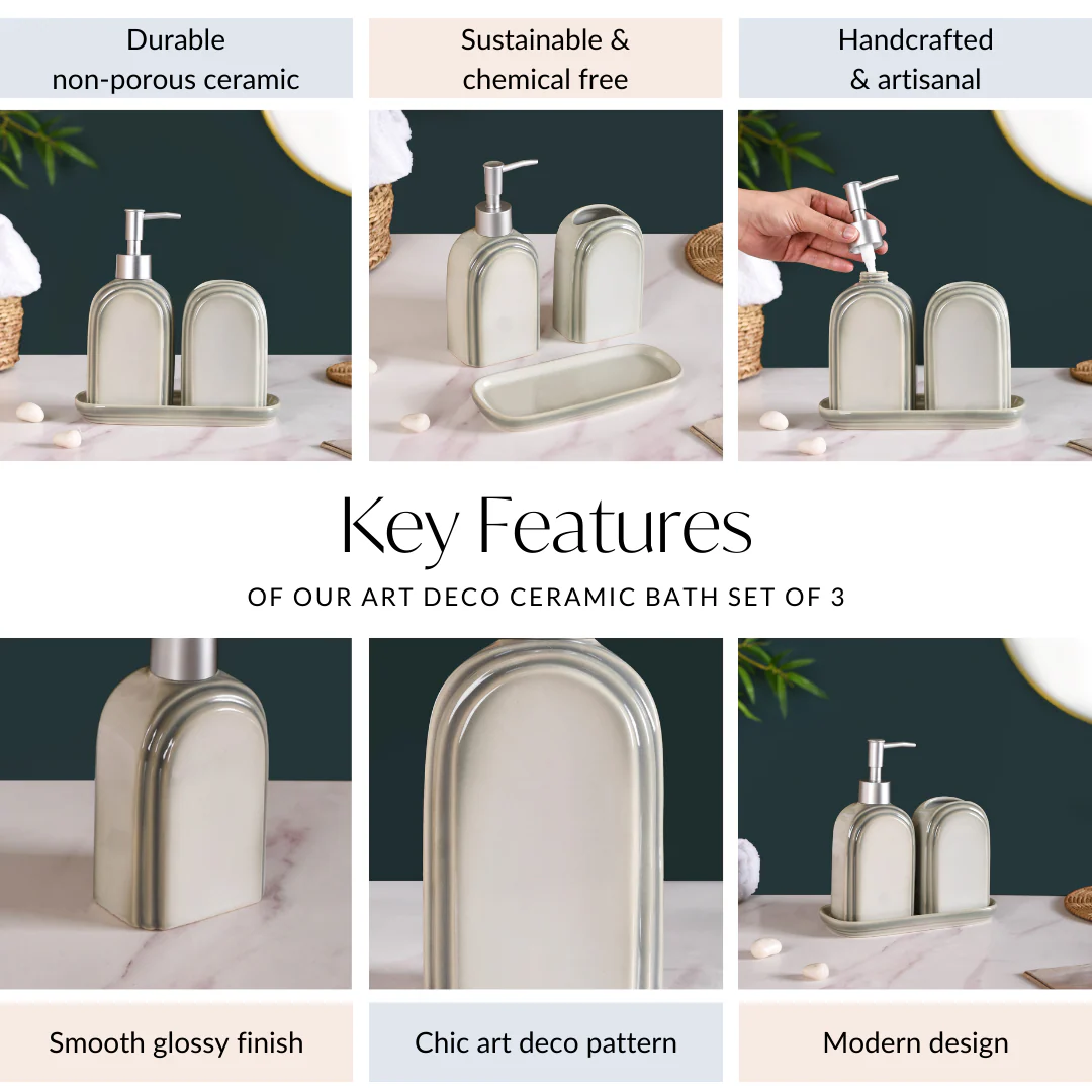 Art Deco Ceramic Bathroom Set Of 3 With Tray Grey - Image 4