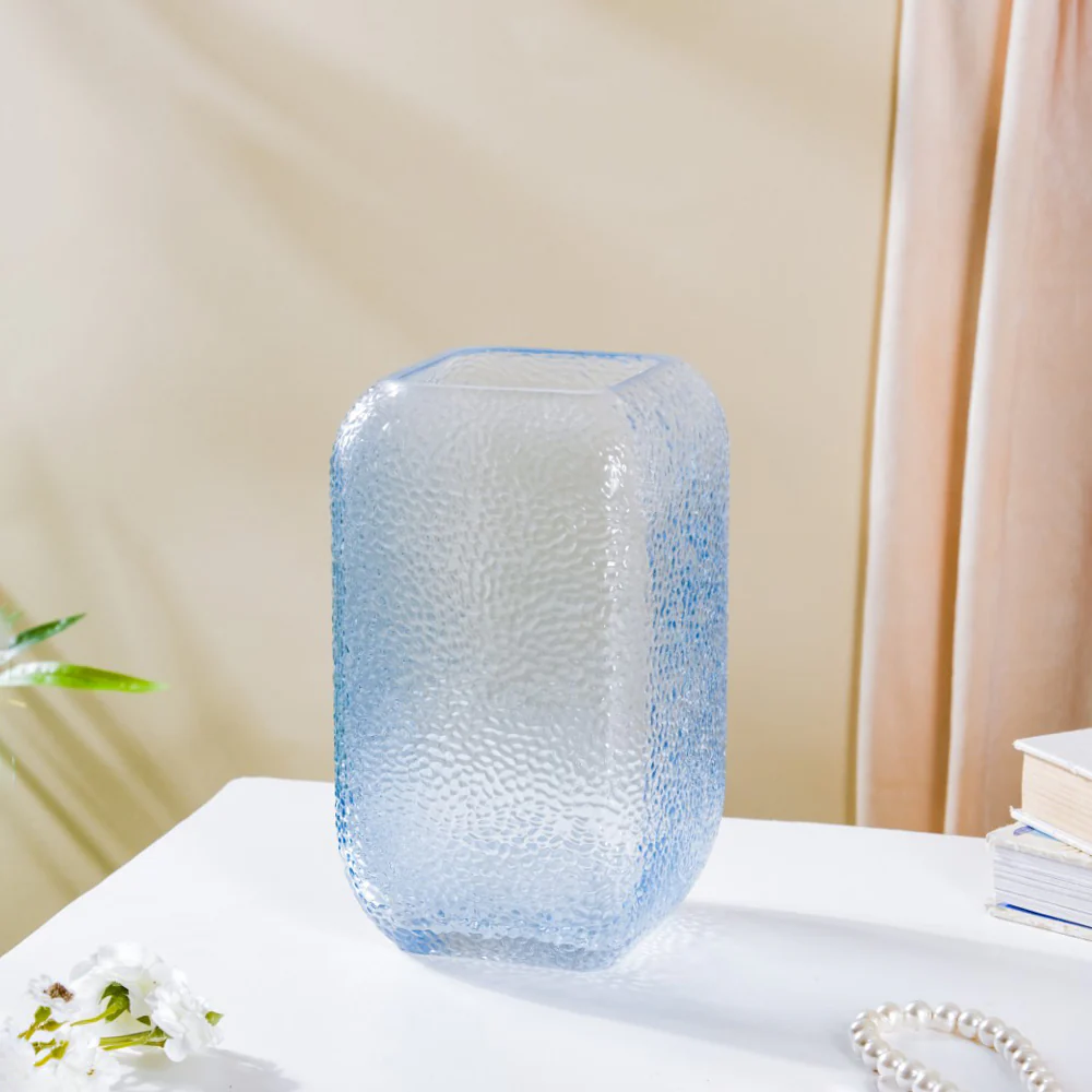 Art Deco Pebble Texture Glass Vase Blue 7.5 Inch - Image 3