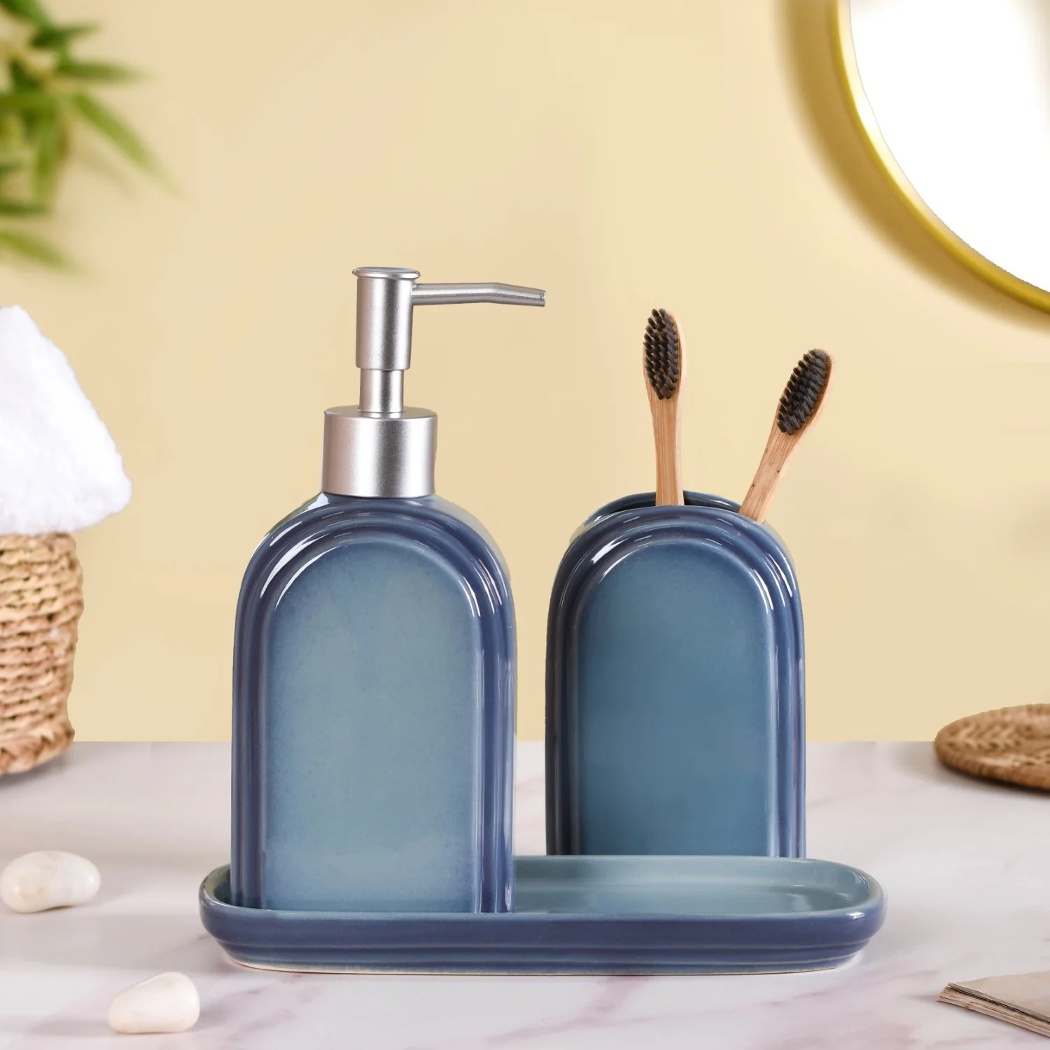 Art Deco Stoneware Bathroom Set of 3 Ocean Blue - Image 3