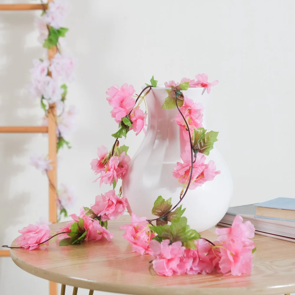 Artificial Sakura Blossoms And Leaves Vine Crimson
