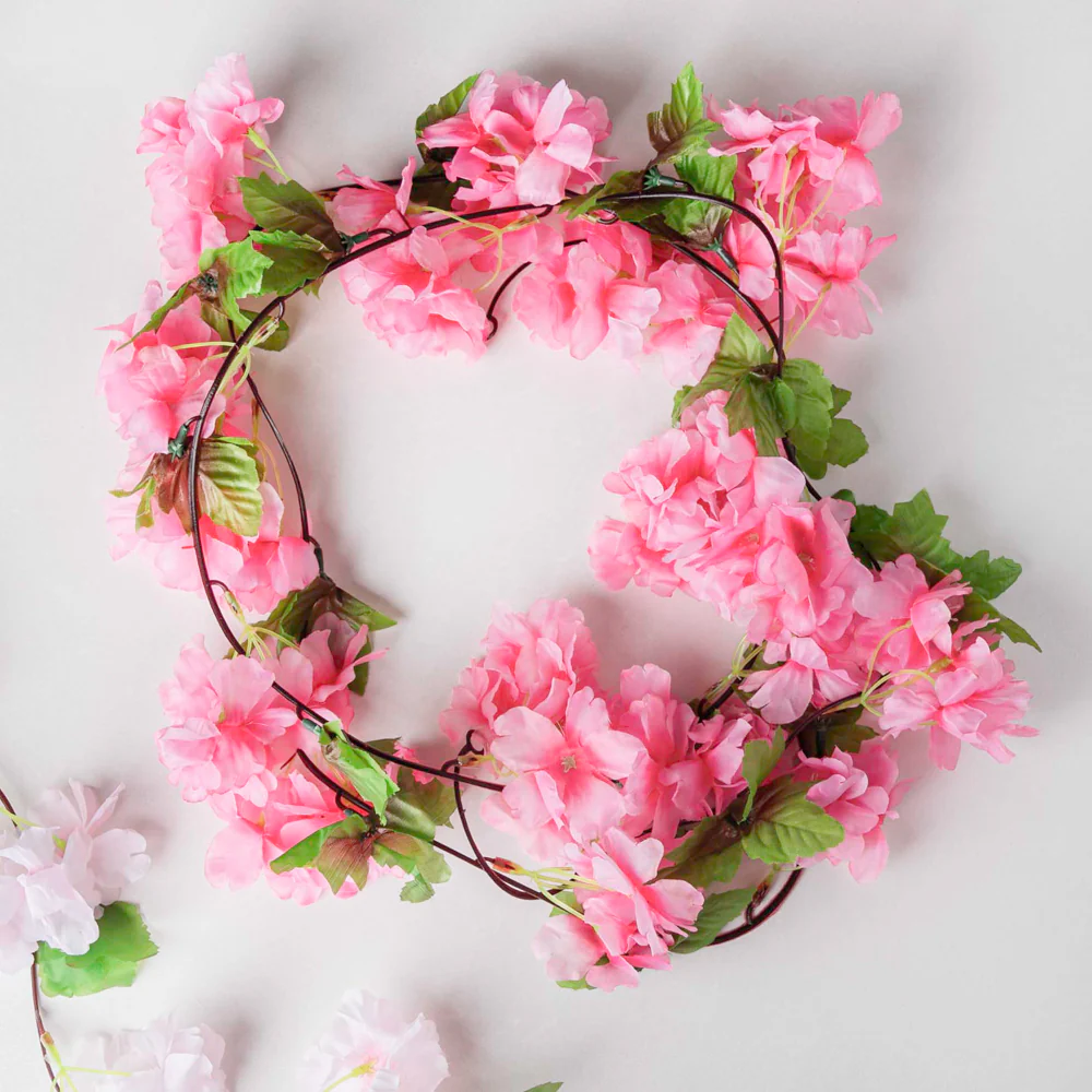 Artificial Sakura Blossoms And Leaves Vine Crimson - Image 2