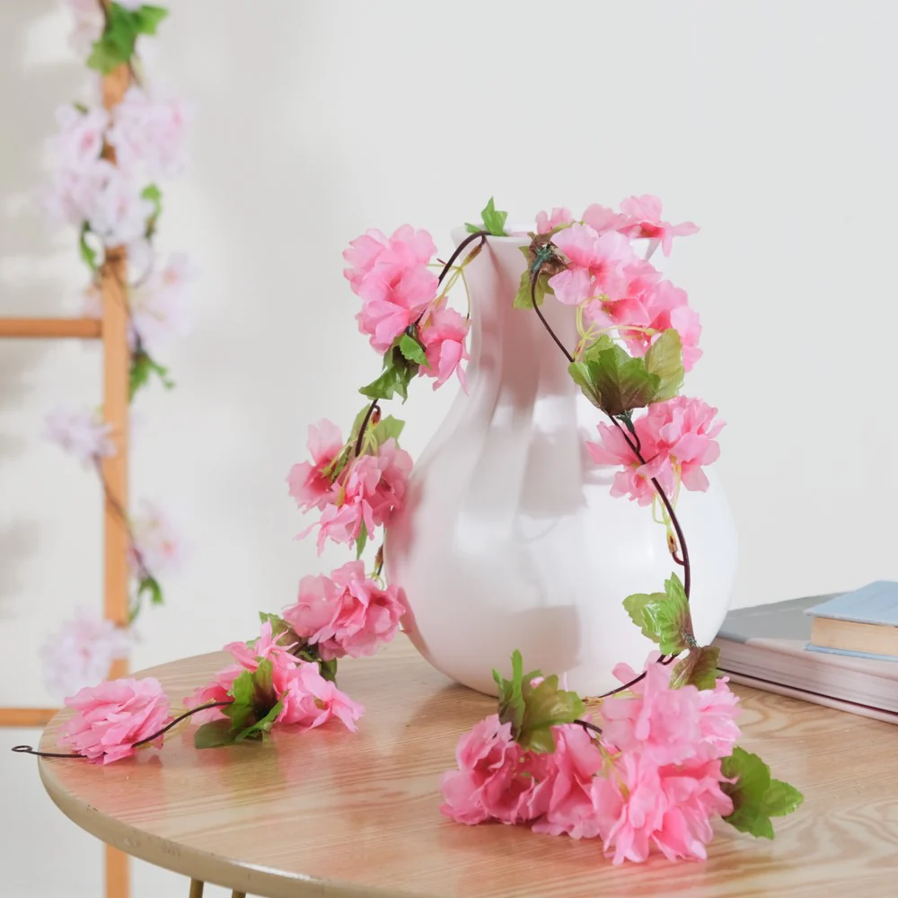 Artificial Sakura Blossoms And Leaves Vine Crimson - Image 4