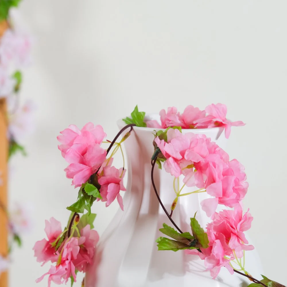 Artificial Sakura Blossoms And Leaves Vine Crimson - Image 6