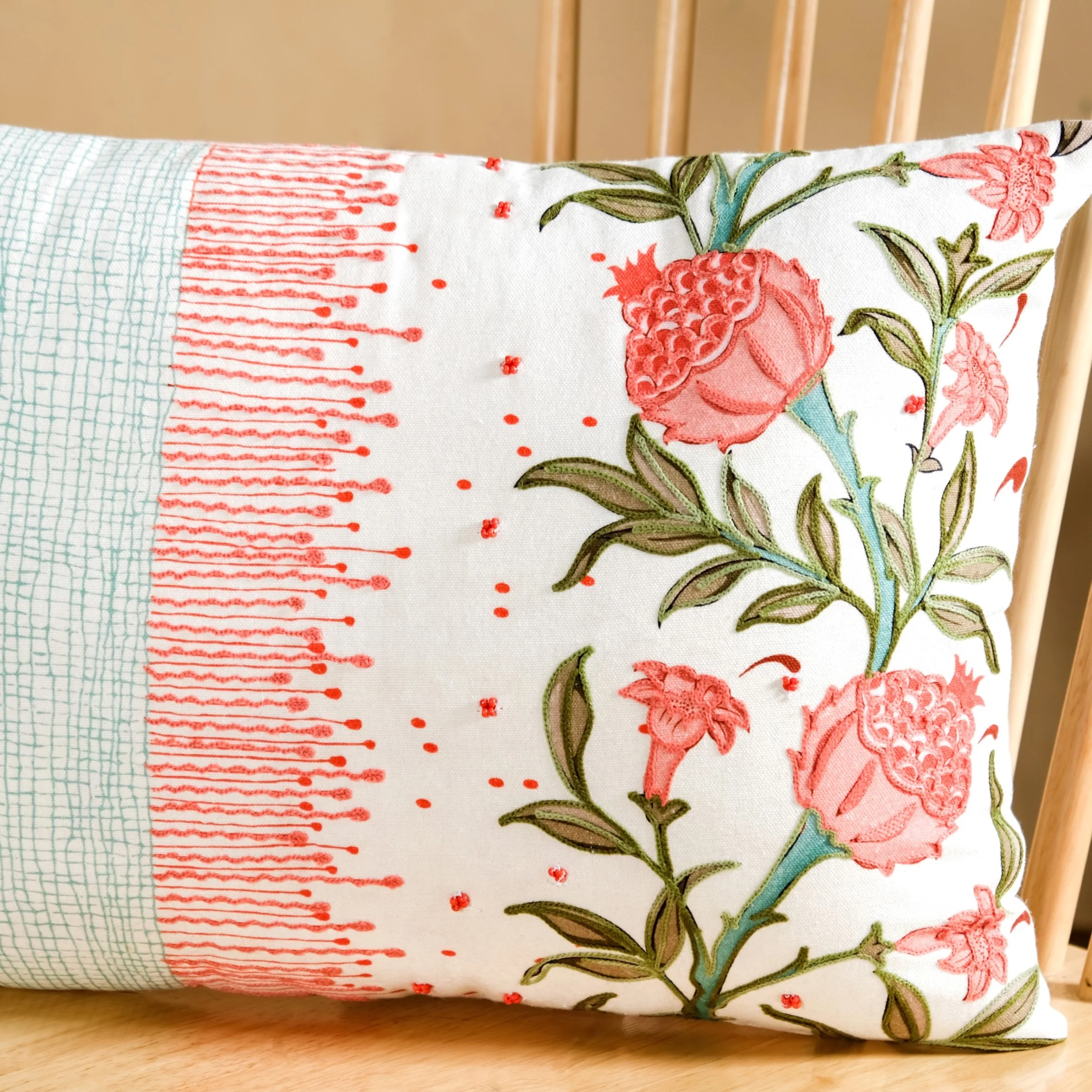 Artisanal Bloom Embroidery Cotton Cushion Cover 50x36cm - Image 2