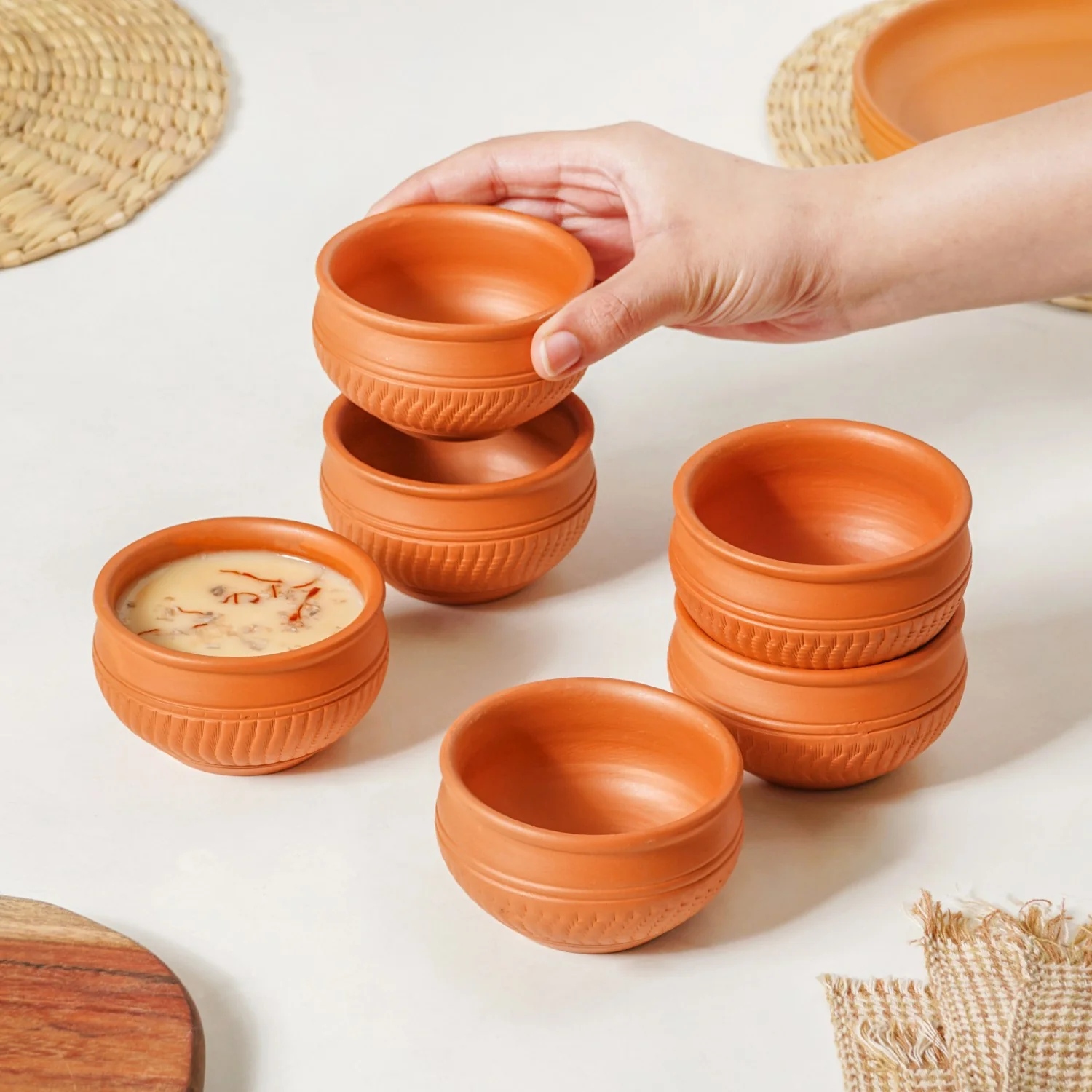 Artisanal Engraved Terracotta Bowls Set Of 6 170ml - Image 2