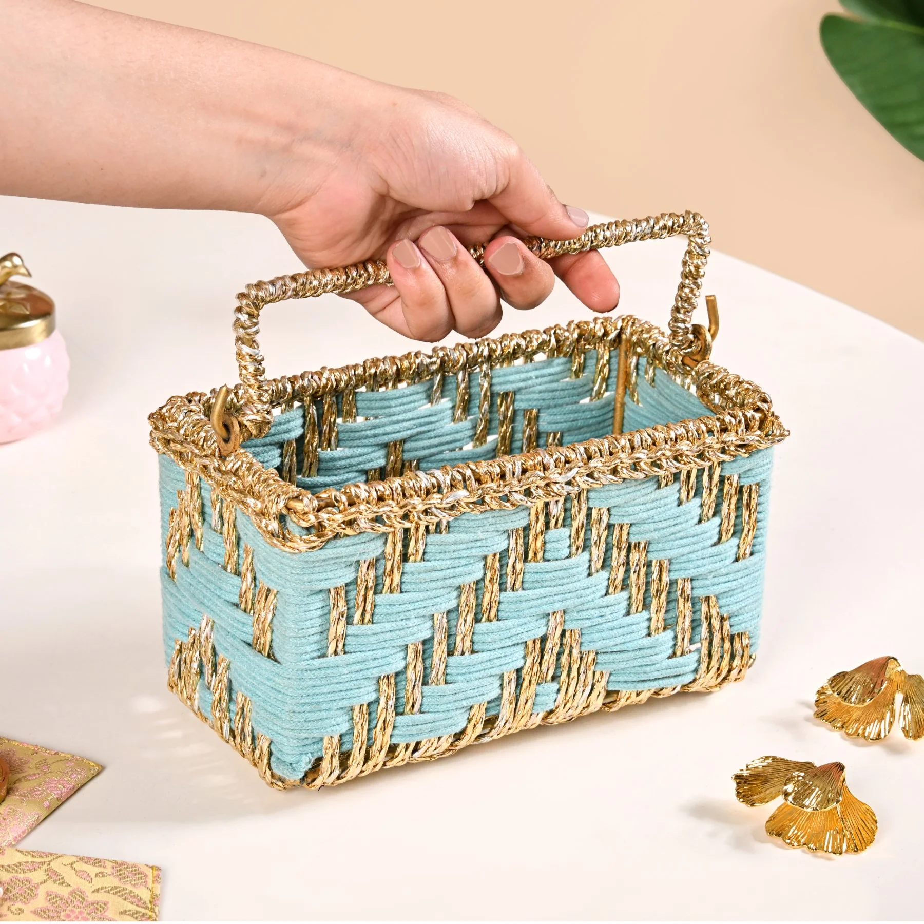 Artisanal Organiser And Hamper Basket Blue And Gold - Image 2