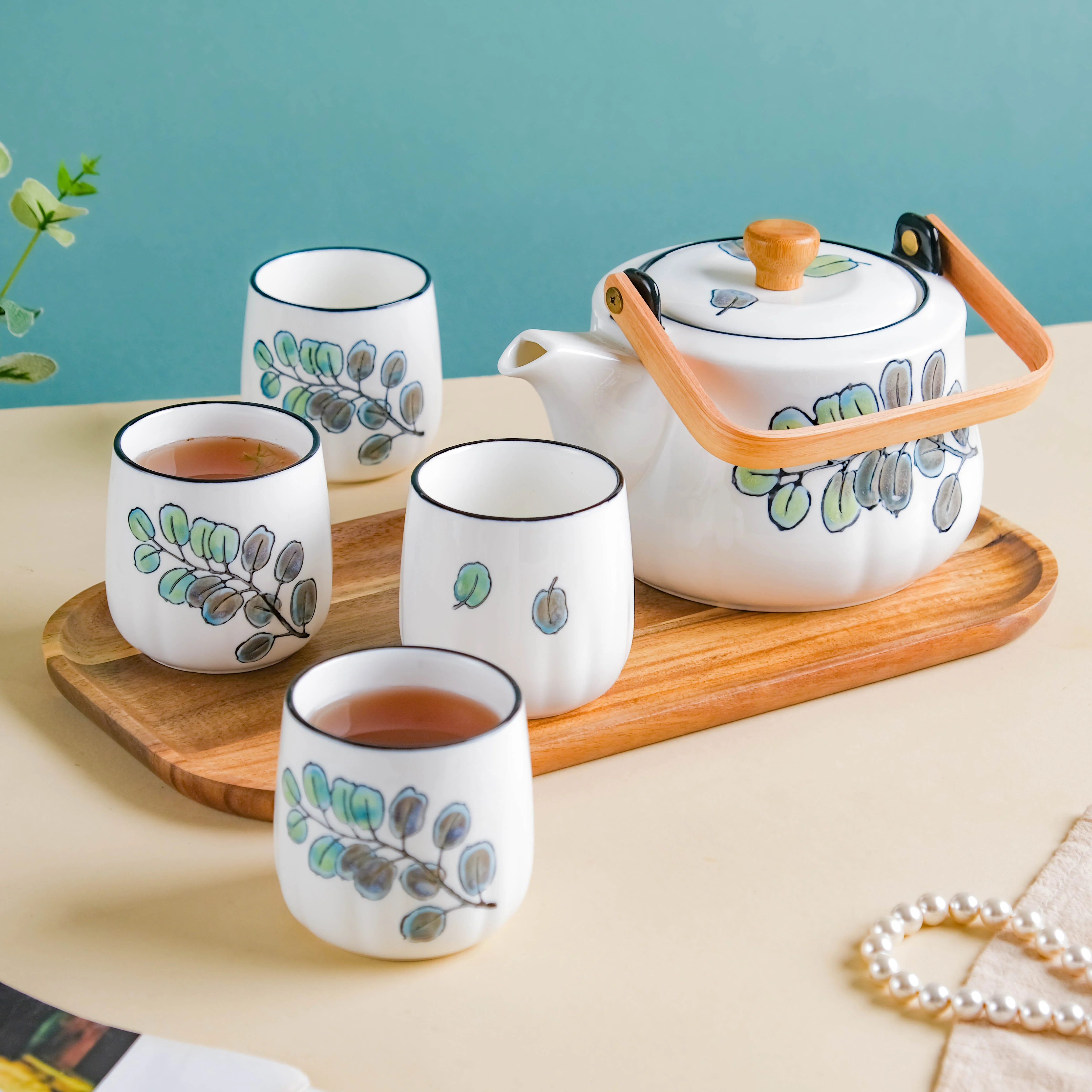 Aspen Leaves Tea Set With Wooden Tray - Image 3
