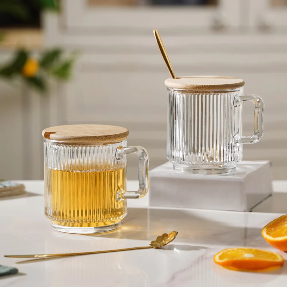 Aurora Transparent Glass Mug With Lid And Spoon Set Of 2 350 ml - Image 10