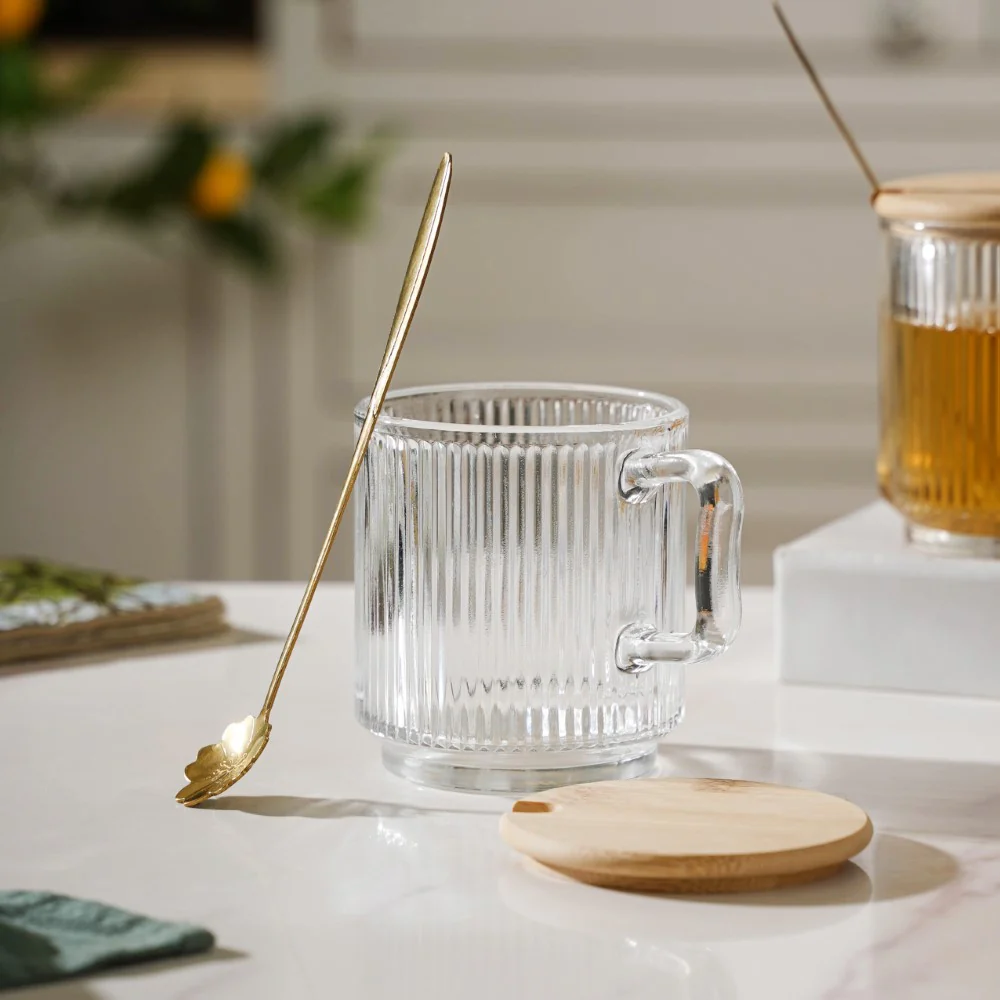 Aurora Transparent Glass Mug With Lid And Spoon Set Of 2 350 ml - Image 6
