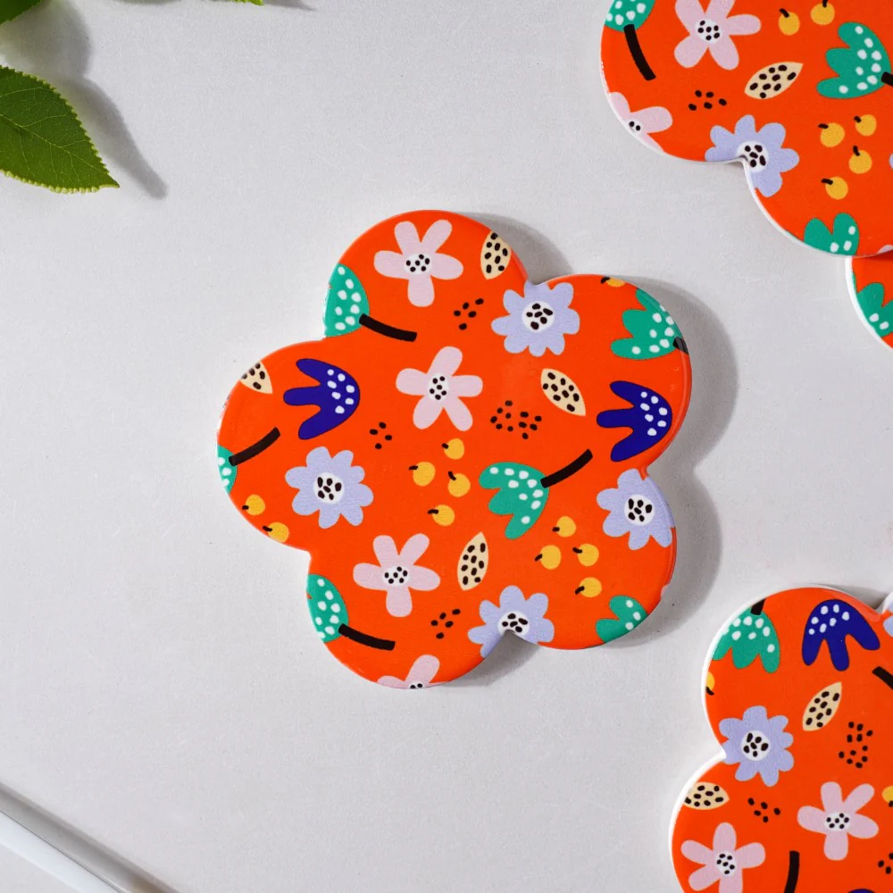 Autumn Orange Flower Glossy Ceramic Coaster Set Of 4 - Image 5