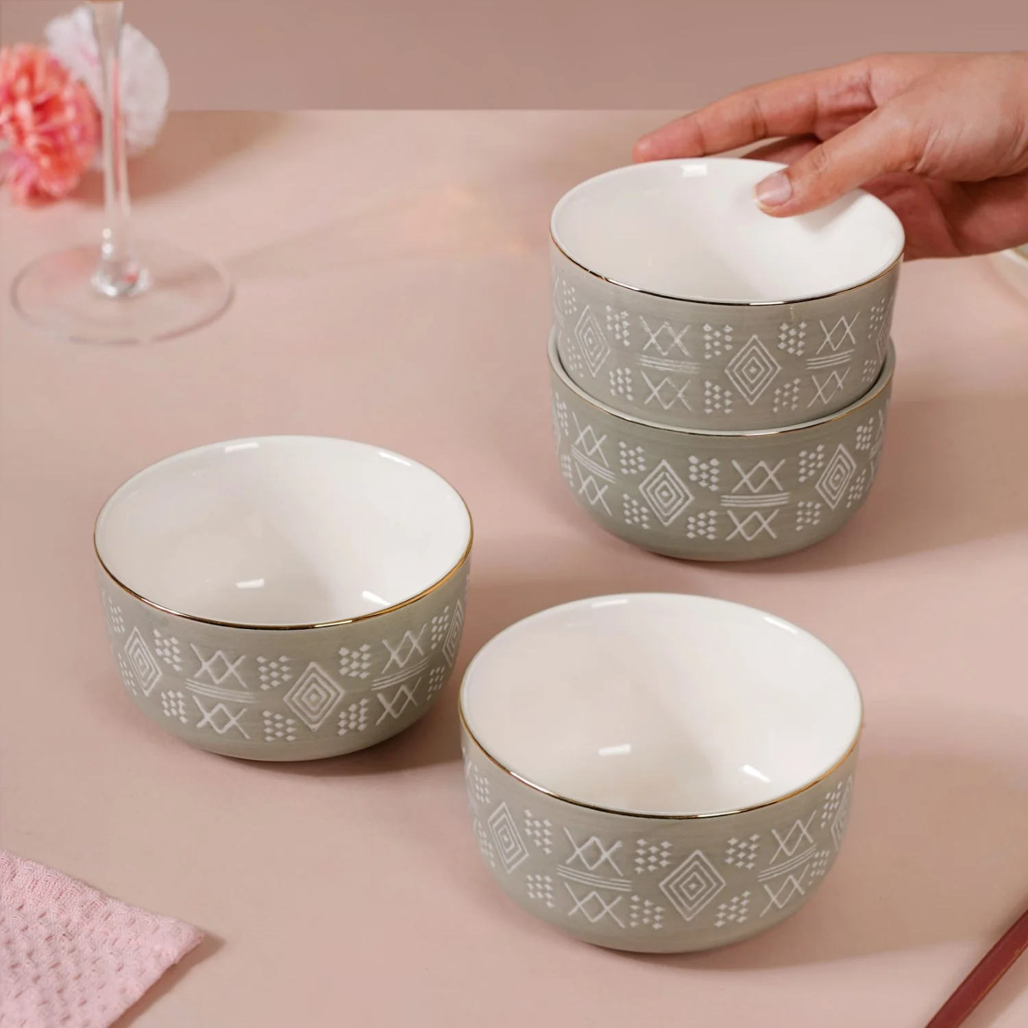 Azo Ceramic Side Snack Bowl Grey Set Of 4 340ml - Image 3