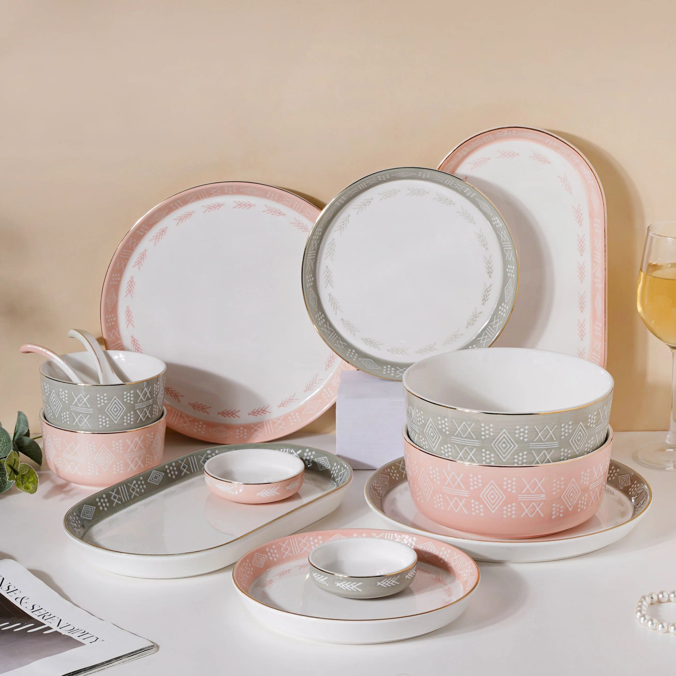 Azo Pink Grey 34 Piece Dinner Set For 6 - Image 3