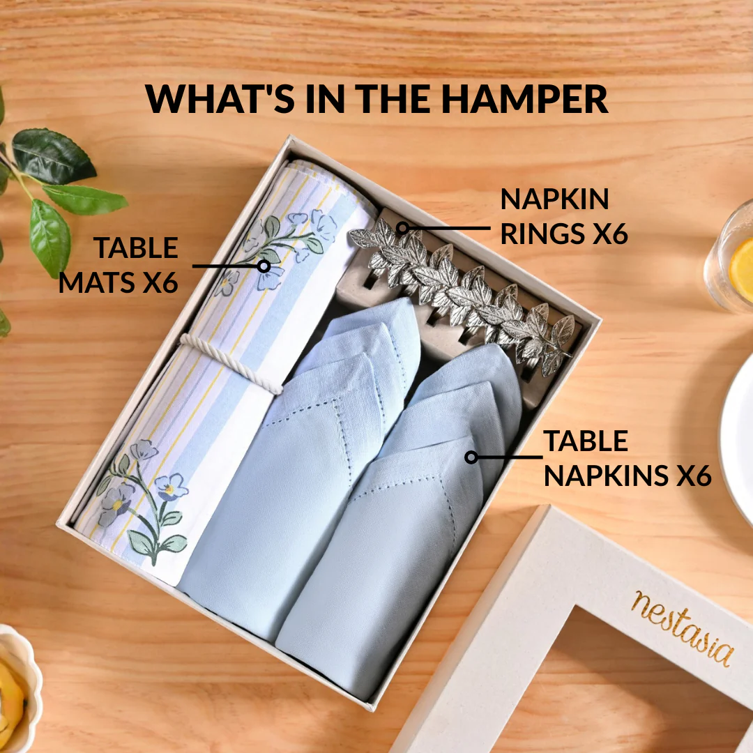 Azzurro Table Linen Hamper With Set Of 6 Rings Napkins And Mats - Image 2
