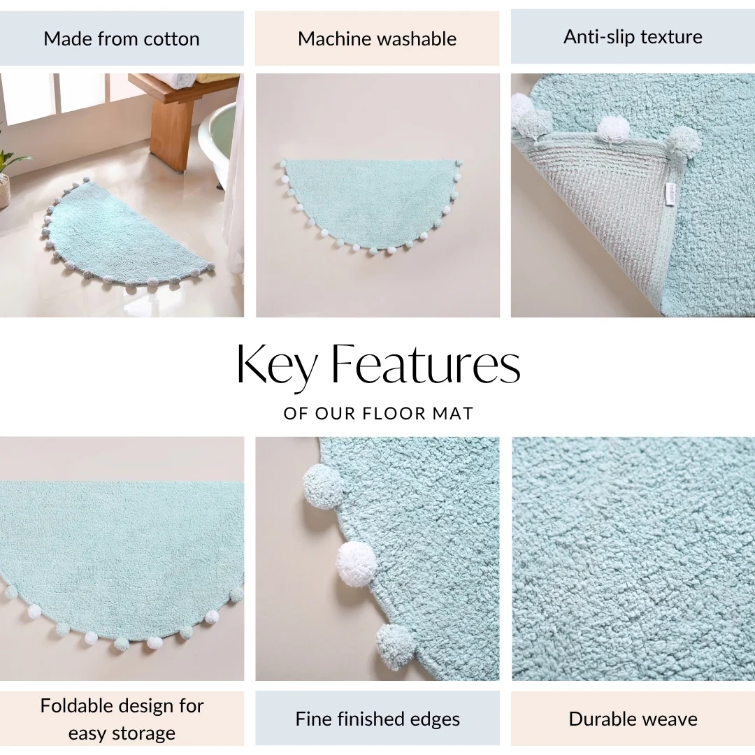 Baby Blue Pom Pom Tufted Cotton Anti Slip Floor Mat 88x47cm - Image 3