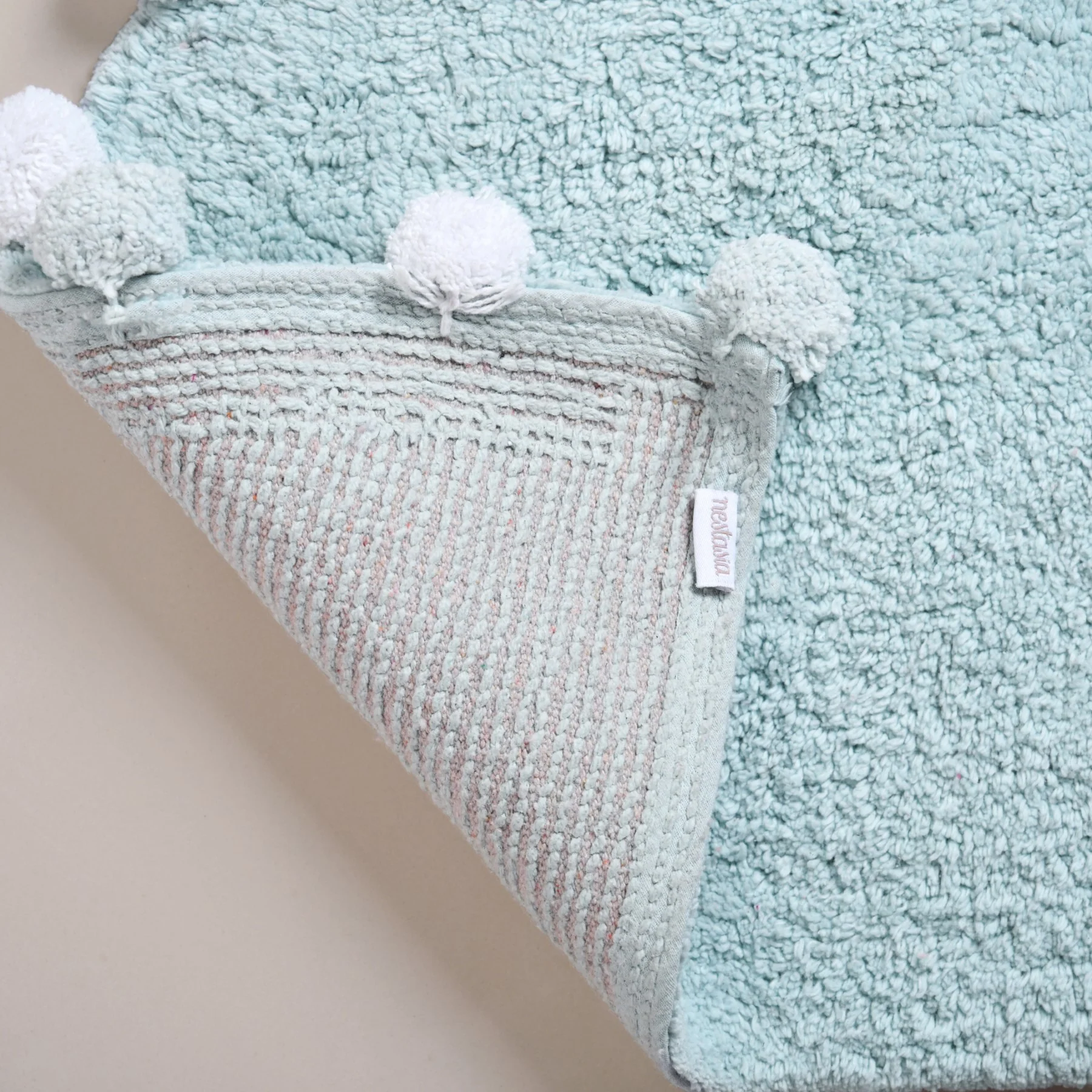 Baby Blue Pom Pom Tufted Cotton Anti Slip Floor Mat 88x47cm - Image 5