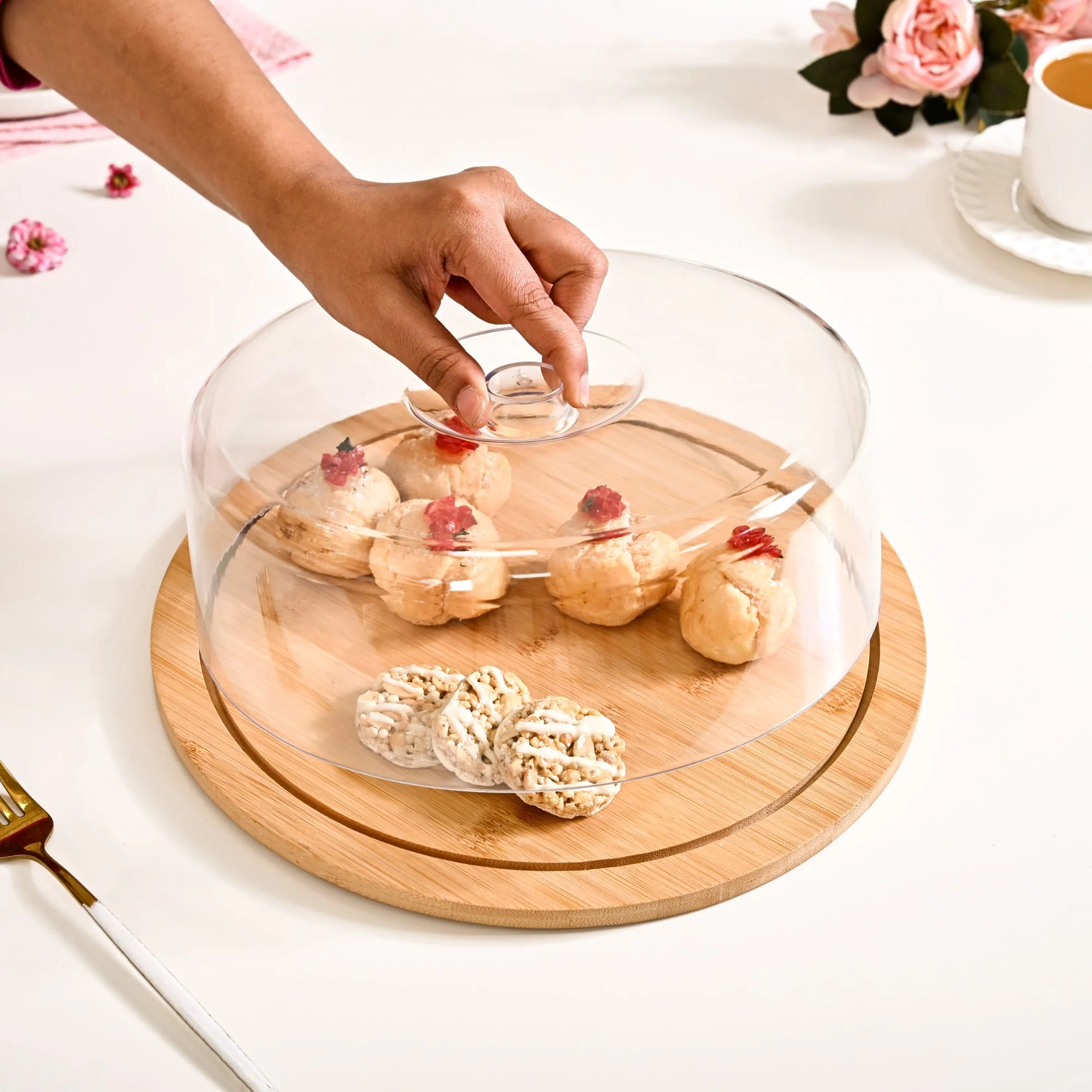 Bamboo Wood Cake Stand With Cloche 25cm - Image 2